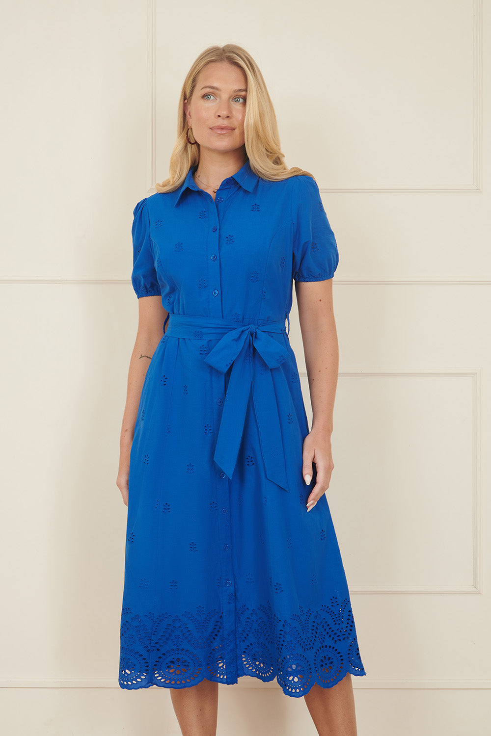 Yumi Blue Cotton Shirt Midi Dress with cut out details — 100% cotton lightweight summer dress with puffed sleeves, tie waist belt and cut out hemline detailing in cornflower blue
