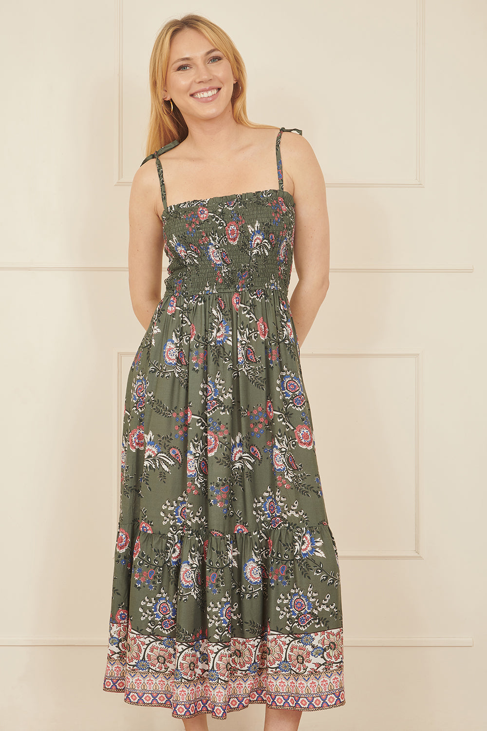Yumi Green Strappy Paisley Print Midi Dress With Ruched Bodice – The £40 Sustainable Summer Dress You Need Now