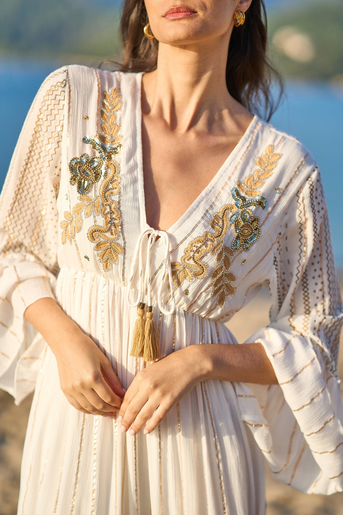 Yumi White Metallic Embellished Maxi Dress With Long Sleeves – The Resort Dream Dress for £70