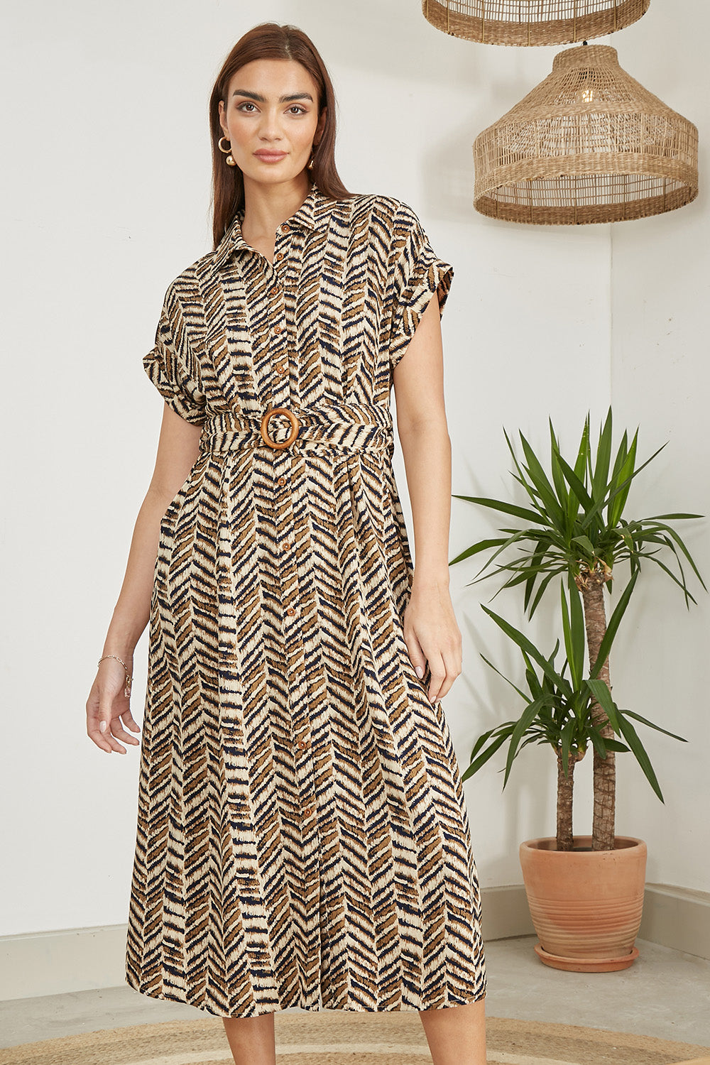 Yumi Brown Abstract Animal Print Relaxed Midi Shirt Dress with Belt — lightweight 95% polyester 5% elastane button-up midi dress with matching belt and fitted waist, 124.5cm length