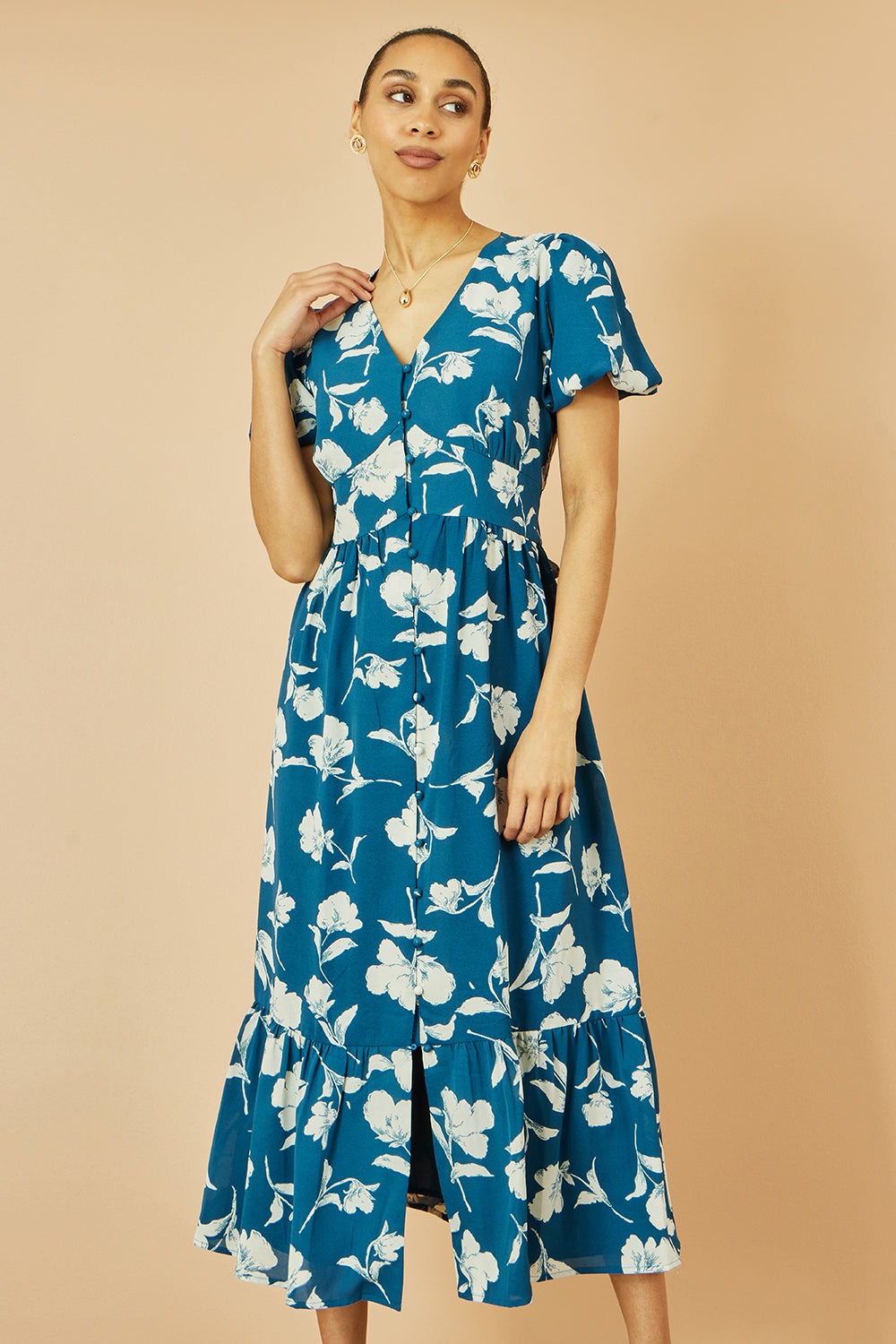 Yumi Teal Floral Button Down Floral Midi Dress — bold vibrant floral print on teal background with button down design puffed sleeves frilled hemline and structured waistline 127cm midi length 100% polyester