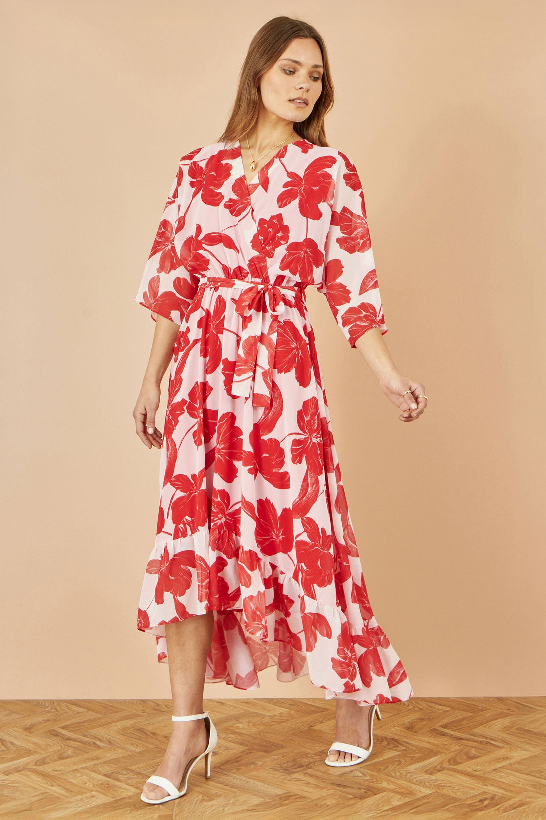 Yumi Red Kimono Sleeves Dip Hem Wrap Midi Dress – flowy floral print red midi dress with kimono sleeves, tiered dip hem and cinched wrap waist, styled for a wedding occasion