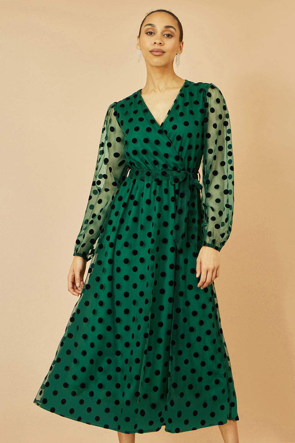 Yumi Green Spot Mesh Wrap Midi Skater Dress – The Show-Stopping Occasion Dress With Velvet Polka Dot Detail for £70