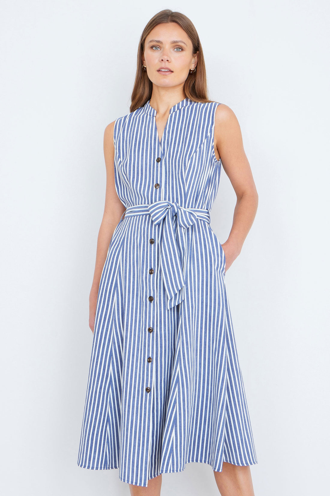 Yumi Navy Stripe Midi Sleeveless Shirt Dress — navy and white vertical stripe pattern with button-front and self-tie waist belt