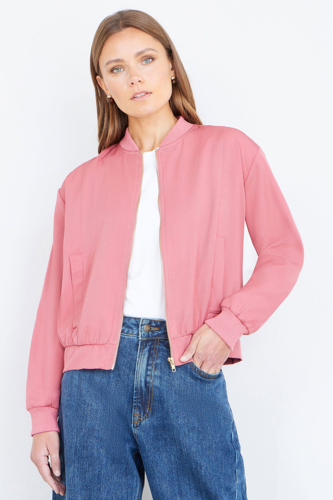 Yumi Pink Relaxed Lightweight Bomber Jacket shown front-on displaying the zip fastening, relaxed fit silhouette and soft pink seasonal colourway