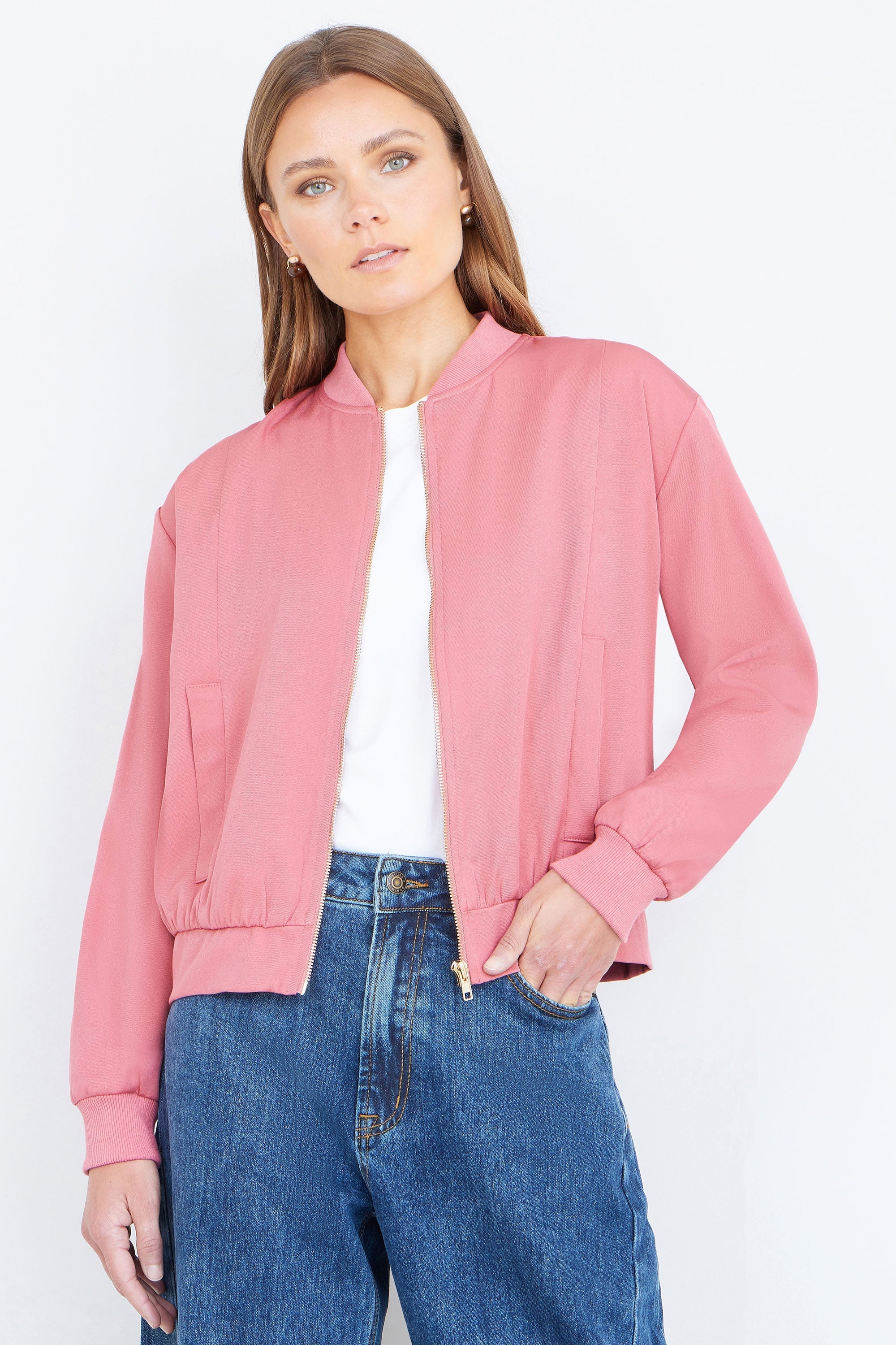 Yumi Pink Relaxed Lightweight Bomber Jacket shown front-on displaying the zip fastening, relaxed fit silhouette and soft pink seasonal colourway