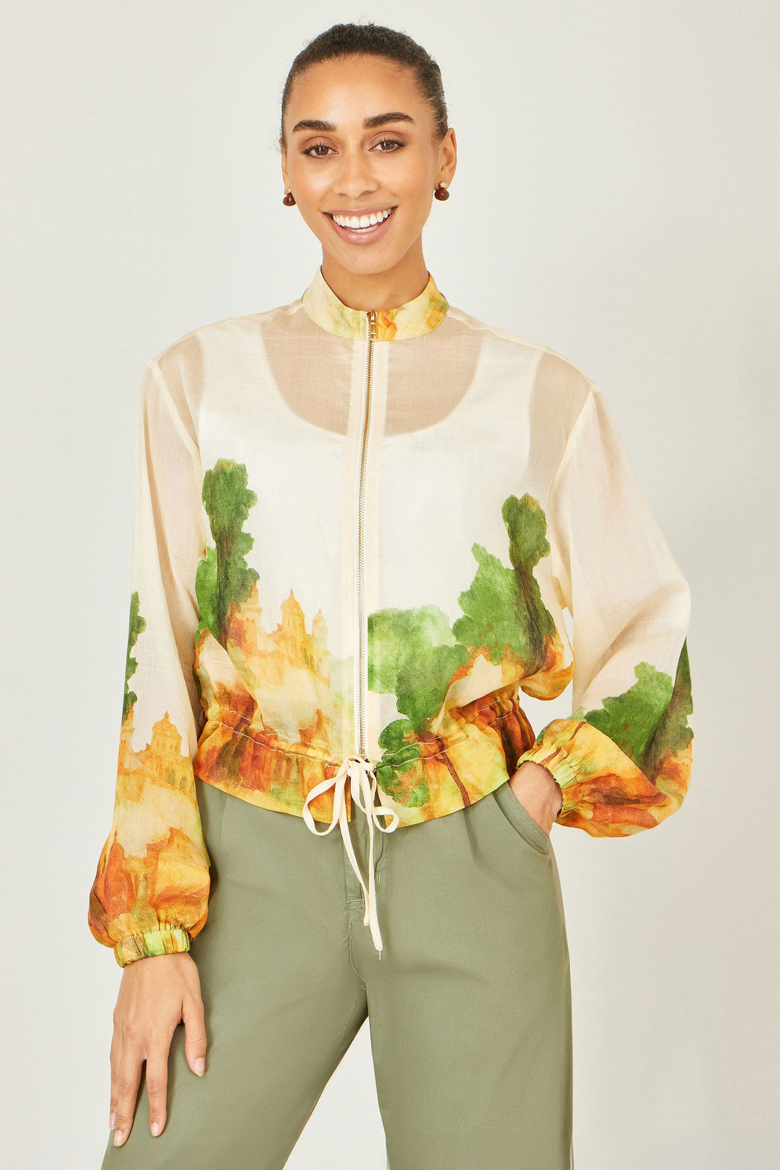 Yumi Beige Printed Lightweight Modal Bomber Jacket – The Artistic Layer That Elevates Every Outfit for £55