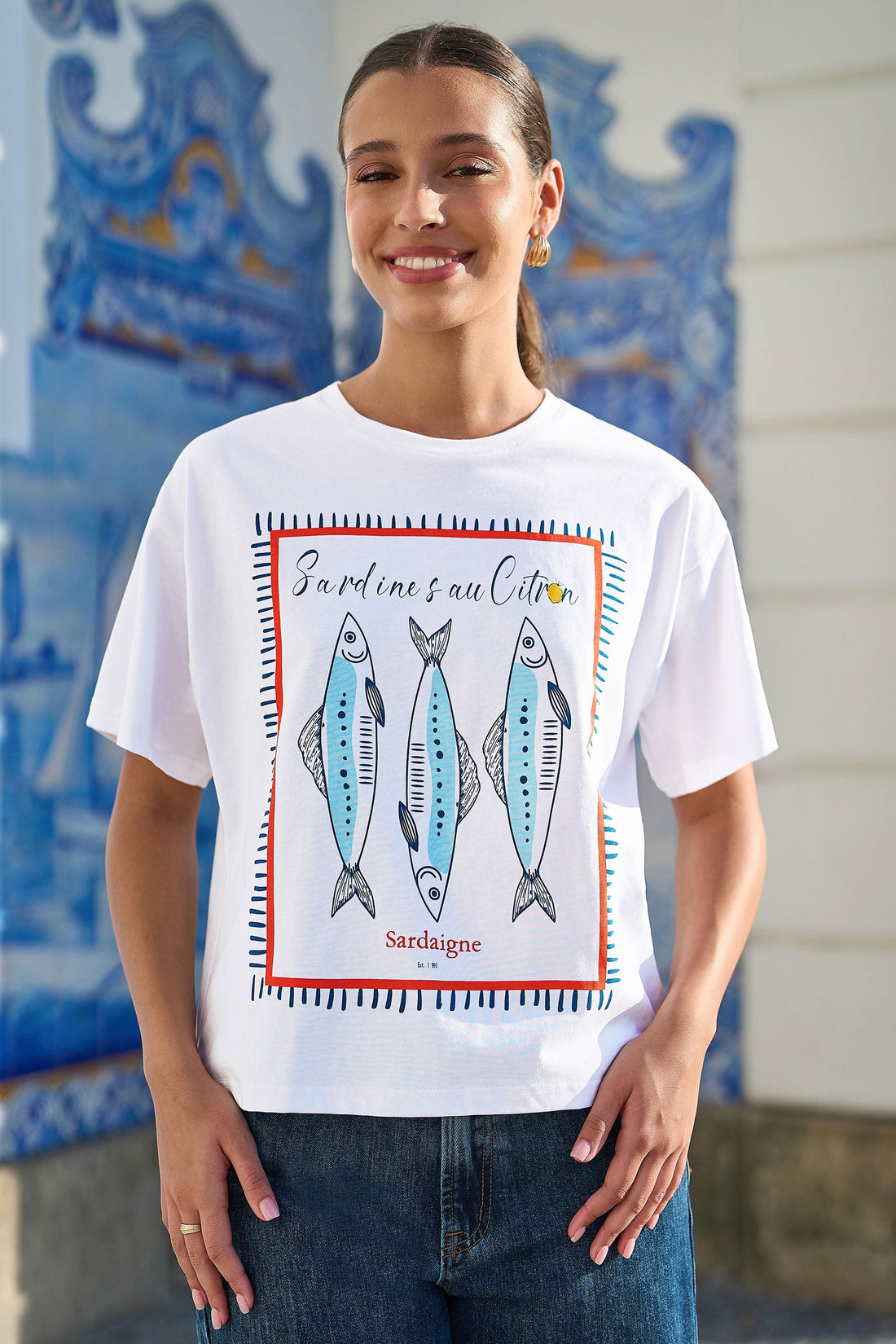 Yumi White Cotton Summer Motif T-Shirt — relaxed fit crew neck tee in soft cotton-mix with bold Mediterranean graphic print, front view