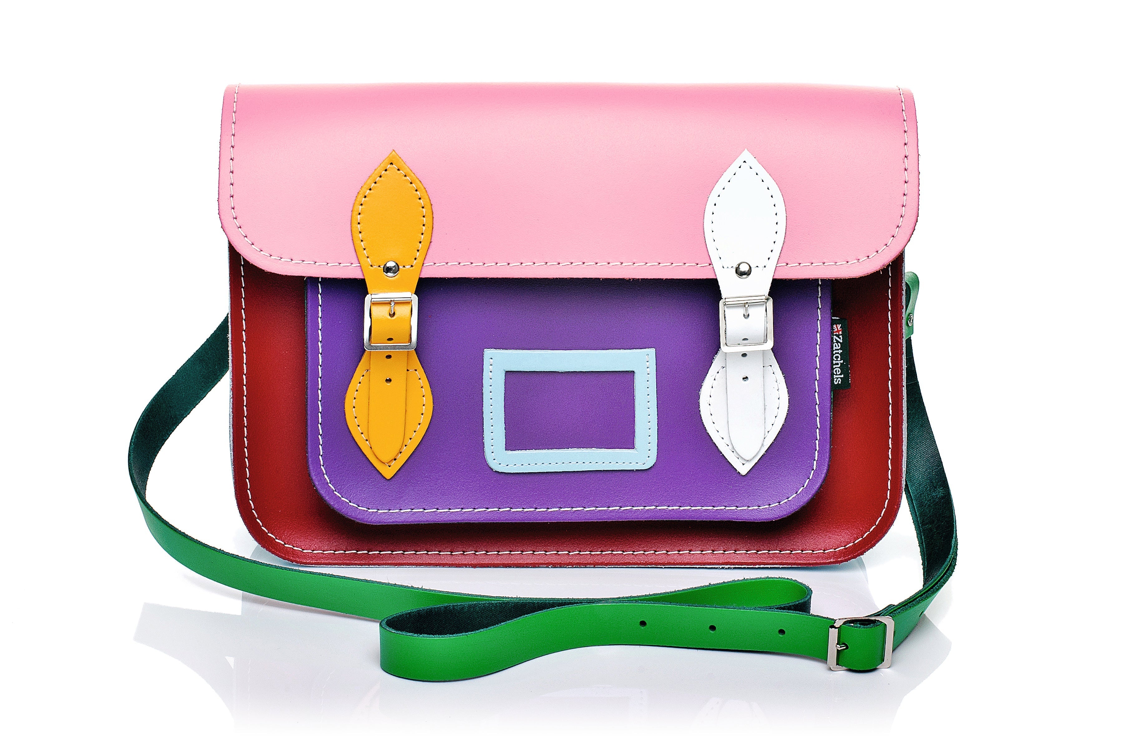 Front view of the Zatchels Handmade Leather Satchel in Classic Kaleidoscope showing the multicoloured leather panels in pastel pink, daffodil yellow, pastel blue, green, purple, red and white with white stitching