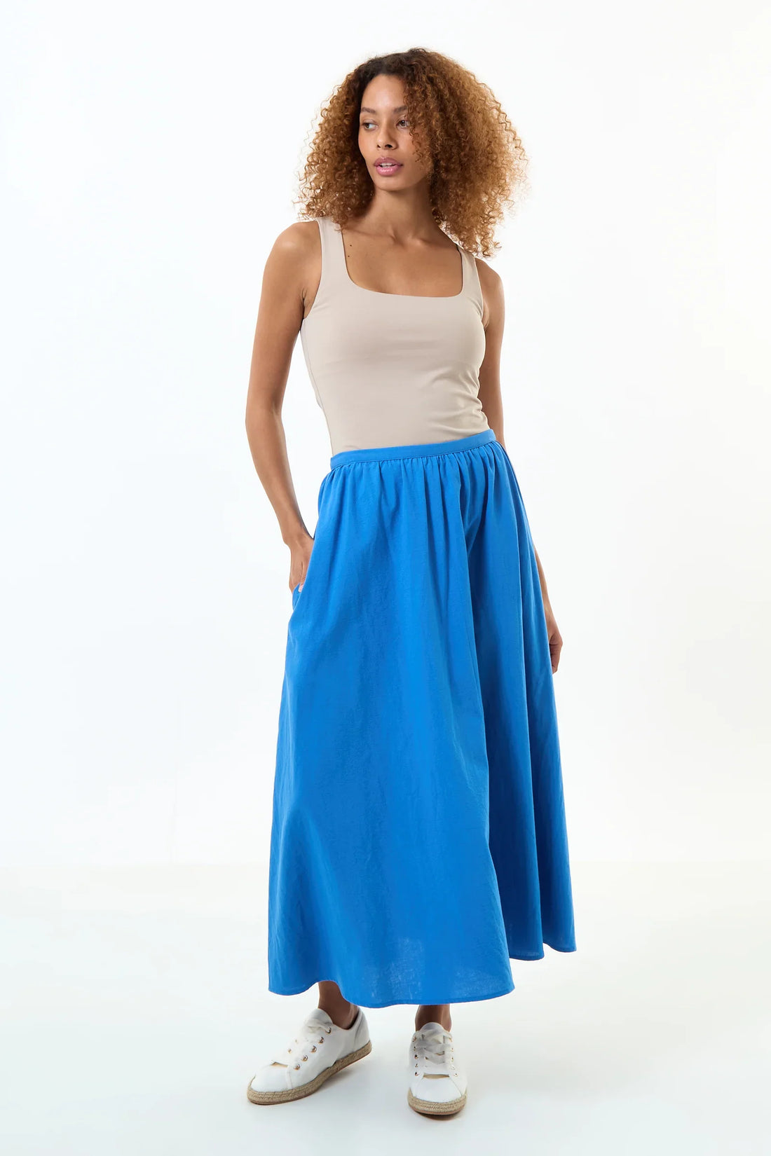 The Sustainable Summer Skirt: Louche Zoeline Recycled Cotton Midaxi Skirt in Blue at £79