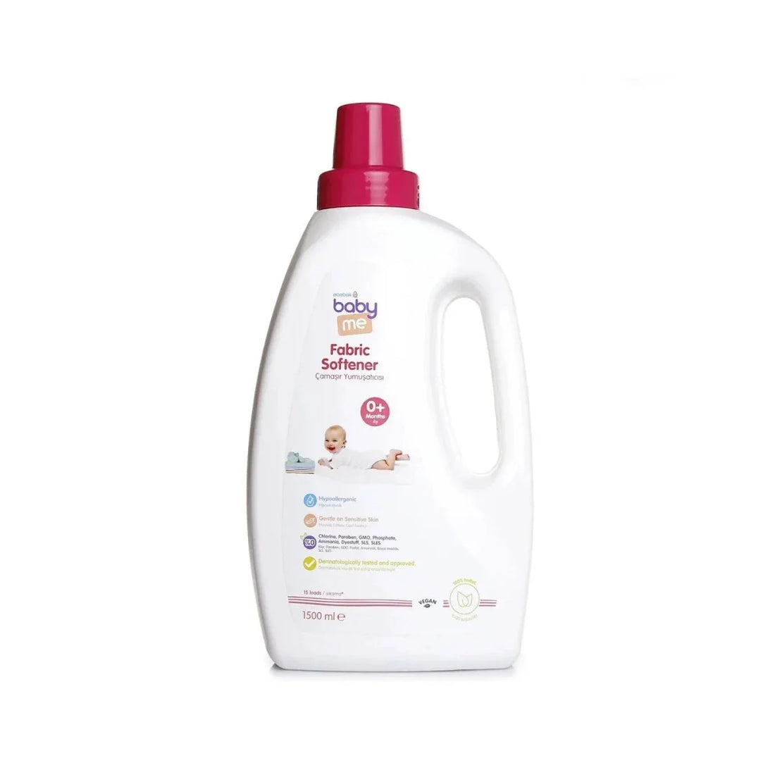 baby me Baby Fabric Softener 1500ml – 100% plant-based hypoallergenic fabric softener for baby clothes, dermatologically tested, free from parabens, SLS, SLES, synthetic dyes and harsh chemicals, with a light fresh scent safe for newborn skin