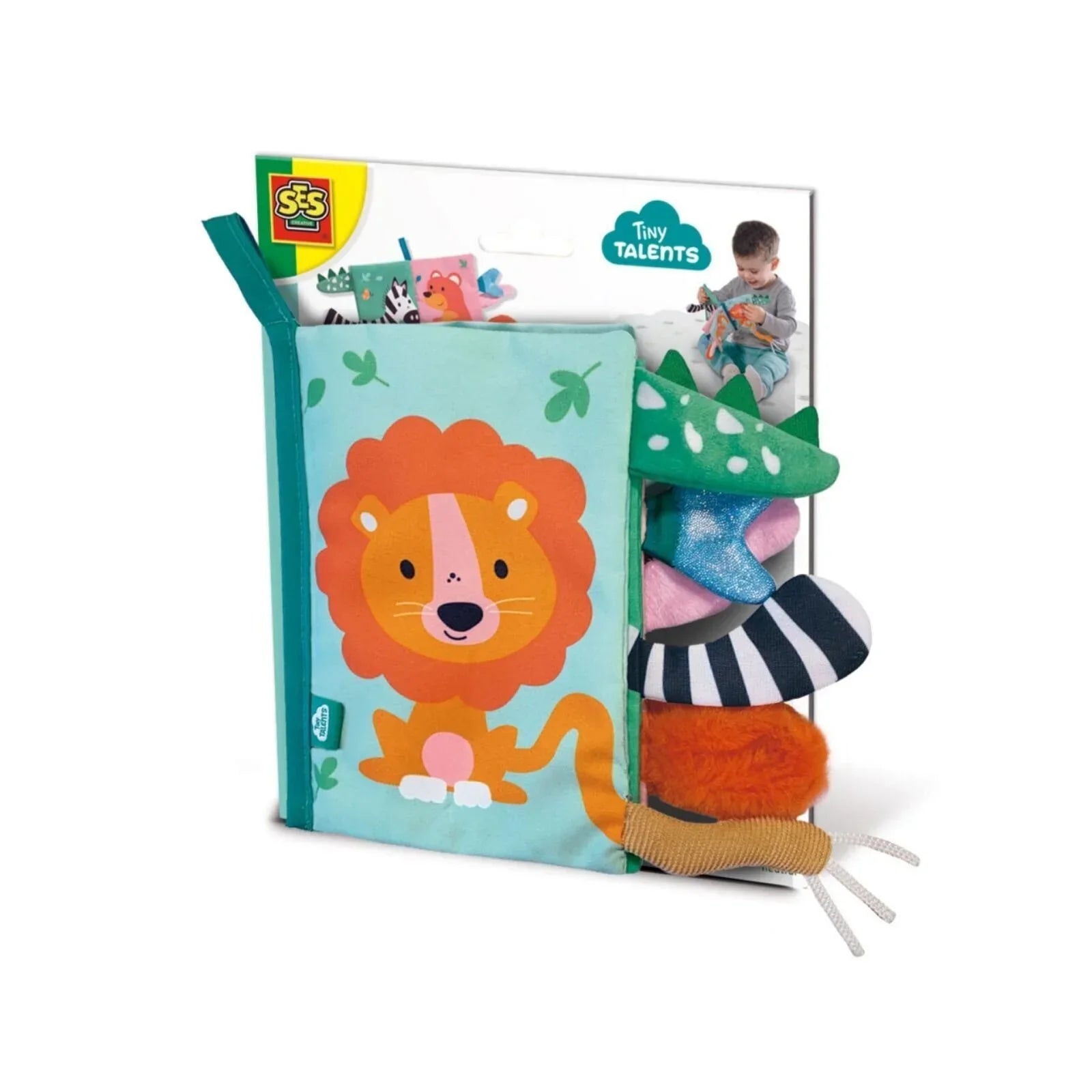 Tiny Talents Sensory Animal Tails Cloth Book shown open displaying colourful soft fabric pages with different animal tail textures and crinkly details for baby sensory exploration