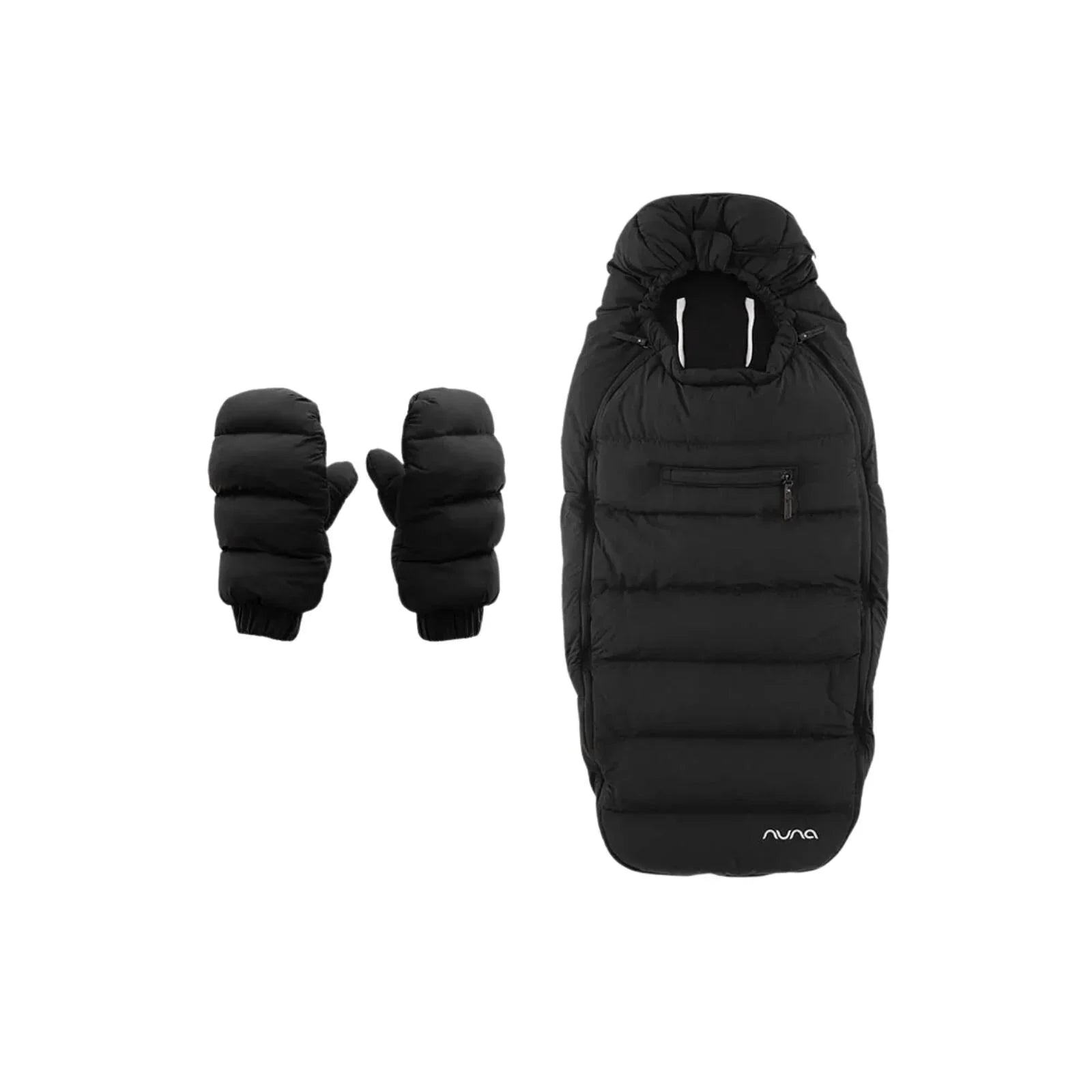 Nuna Winter Stroller Footmuff Set in Caviar shown fitted to a Nuna pushchair with magnetic adult mittens alongside