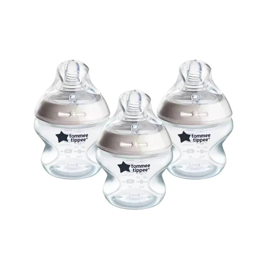 Tommee Tippee Natural Start Baby Bottle Pack of 3 – three clear bottles with soft breast-like silicone teats and wide neck design, suitable from birth for combination breastfeeding and bottle feeding