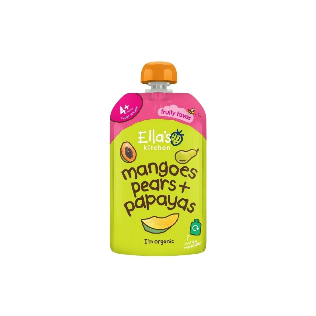Ella's Kitchen Organic Mangoes Pears and Papaya Baby Food Pouch 120g for babies 4 months plus — tropical fruit puree made with 100% organic ingredients, no added sugars or preservatives, resealable pouch