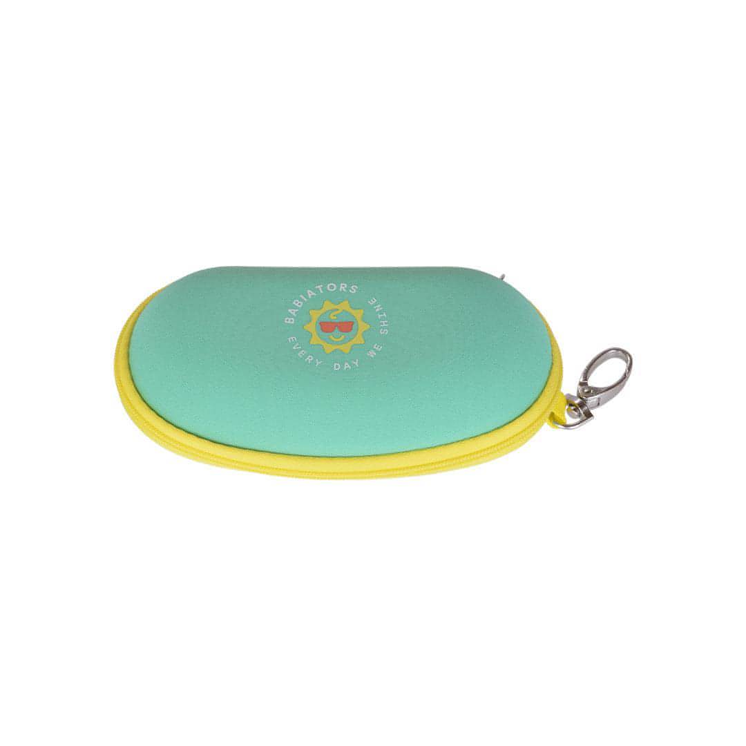 Babiators Kids Sunglasses Travel Case in aqua with yellow trim — durable shell case with soft lens cloth interior, secure zip closure and bag clip for attaching to pushchairs and rucksacks