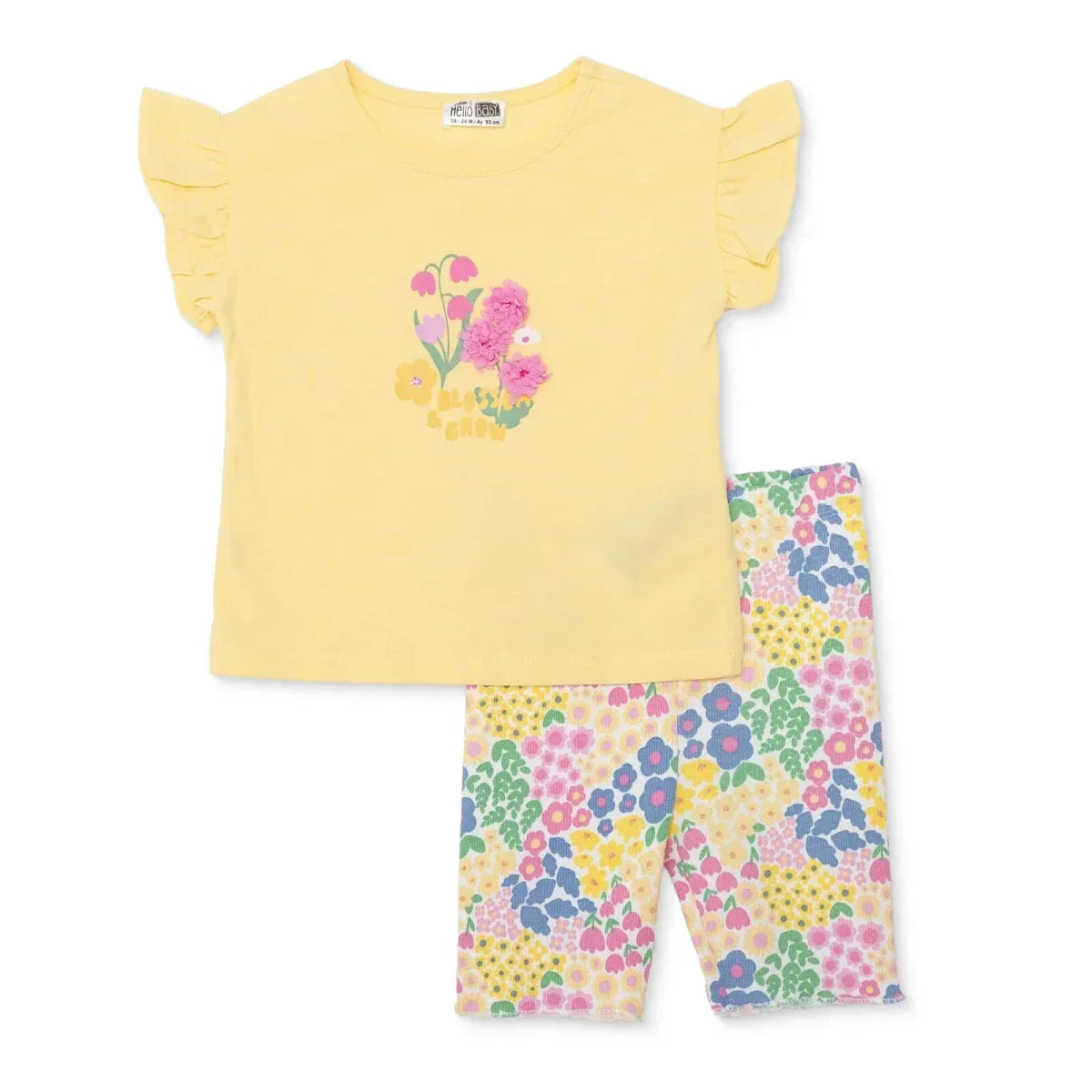 HelloBaby Girls Blouse and Leggings Set in yellow ditsy flower print — crew neck short sleeve blouse with full length leggings, shown on a young girl