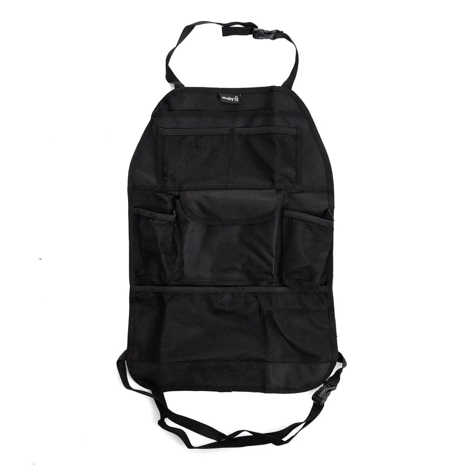 ebaby Plain Backseat Organiser in Black – 58x39cm car seat back organiser with mesh pockets, beverage holders, magazine pockets and wide centre pockets, dustproof fabric, easy to install on car seat back for family travel