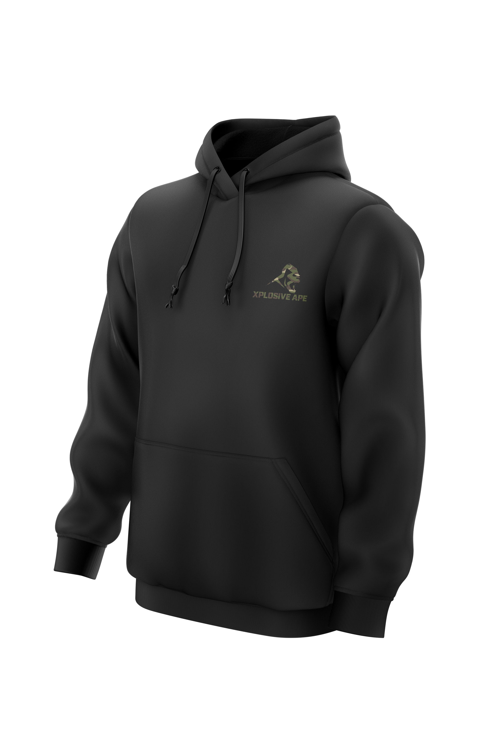 XAPE Essential Camo String Hoodie in black — 280gsm 50/50 cotton-polyester blend with bold camo Xplosive Ape chest logo, shown from the front