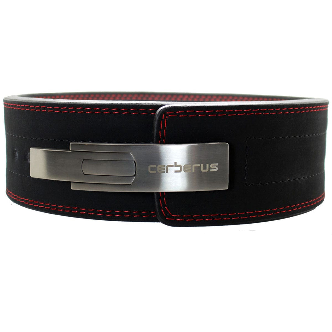 Cerberus Strength Infinity Lever Belt 10mm leather weightlifting belt — IPF spec competition belt with non-slip suede finish, 6 rows nylon stitching and laser-etched stainless steel lever buckle with lifetime warranty