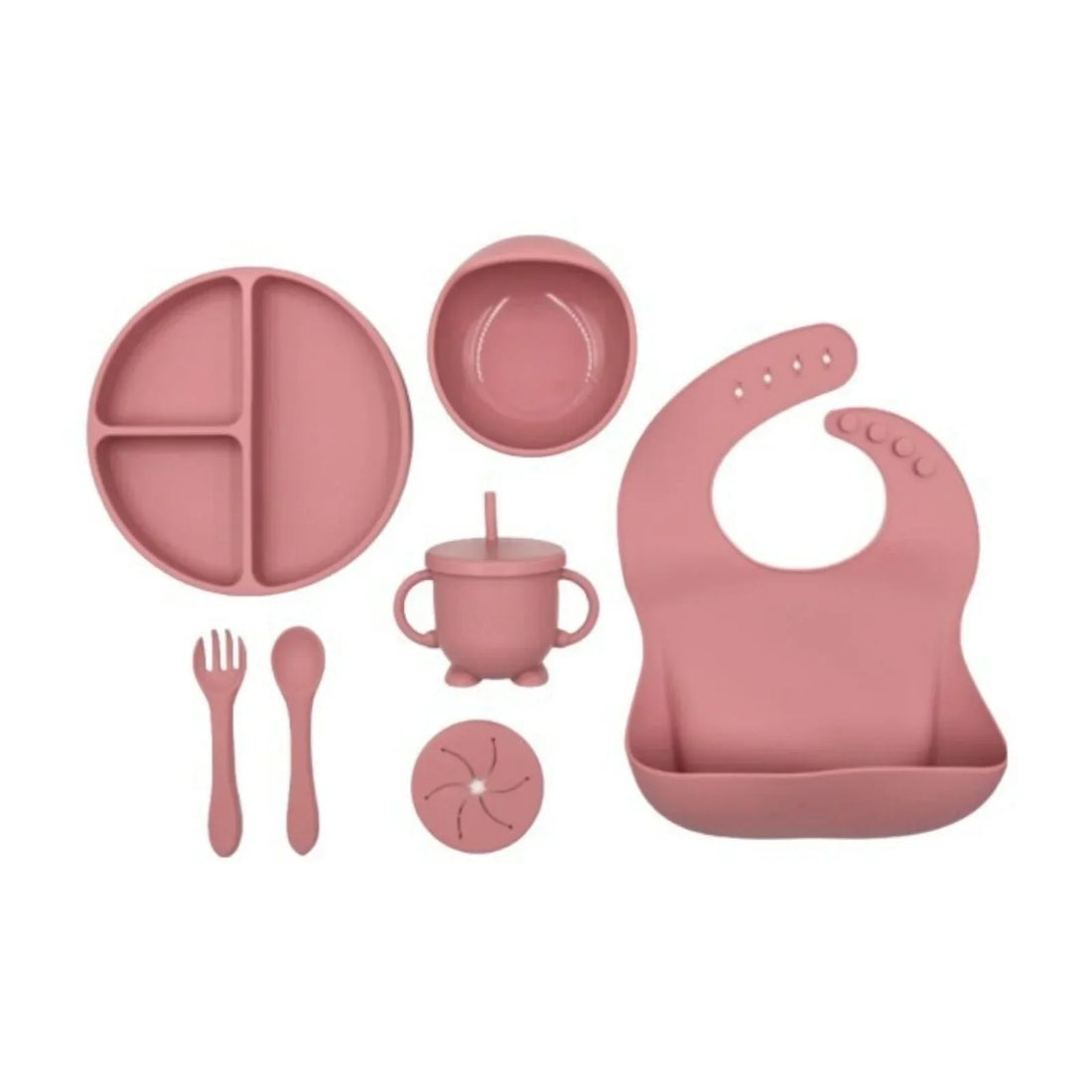 BLW Essentials Silicone Feeding Set in Dusty Rose – 8-piece complete weaning set including suction plate, bowl, bib, spoon, fork and snack cup laid out on a clean white surface