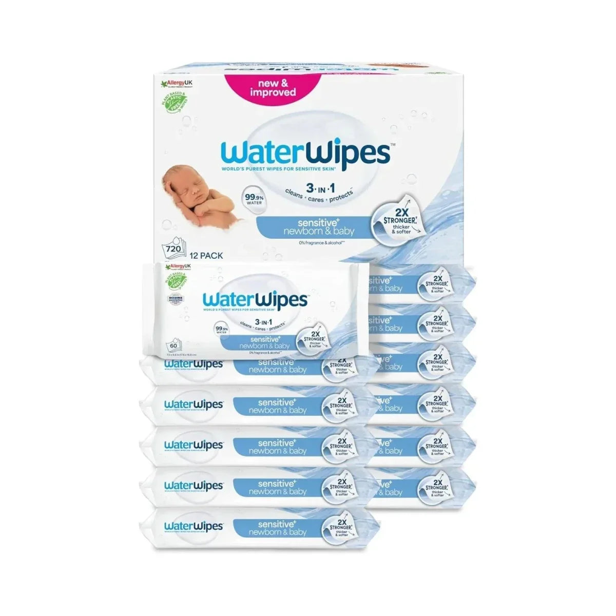 WaterWipes Sensitive Baby Wipes 12x60 pack showing the full bulk pack of biodegradable plant fibre wipes made with 99.9% ultra-purified water for newborn sensitive skin