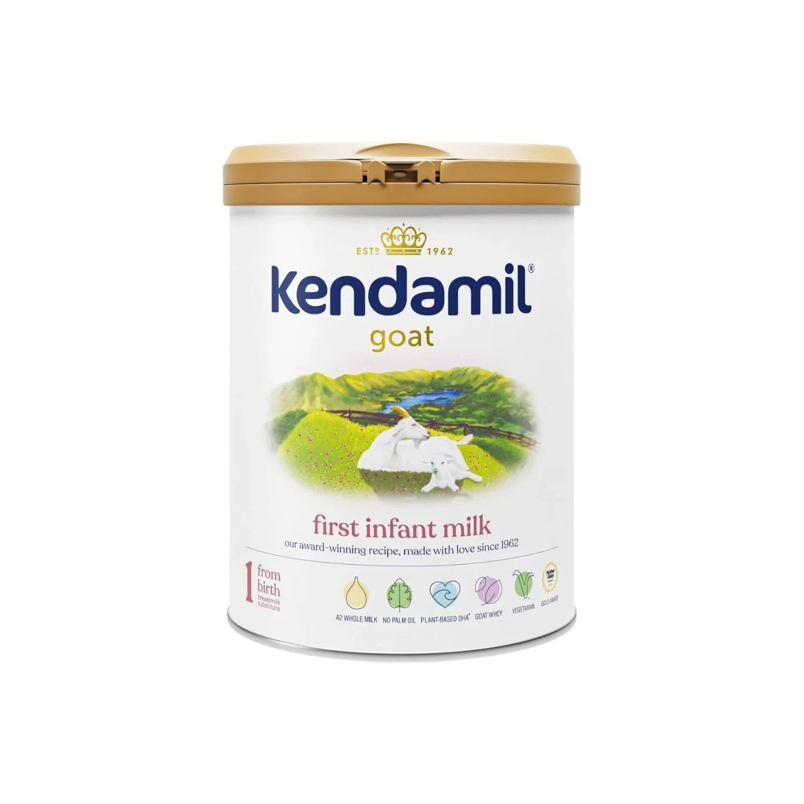 Kendamil Stage 1 Goat First Infant Milk From Birth 800g — UK-made goat milk infant formula with A2 whole goat milk, no palm oil, no soya, GOS prebiotics, suitable from birth to 6 months