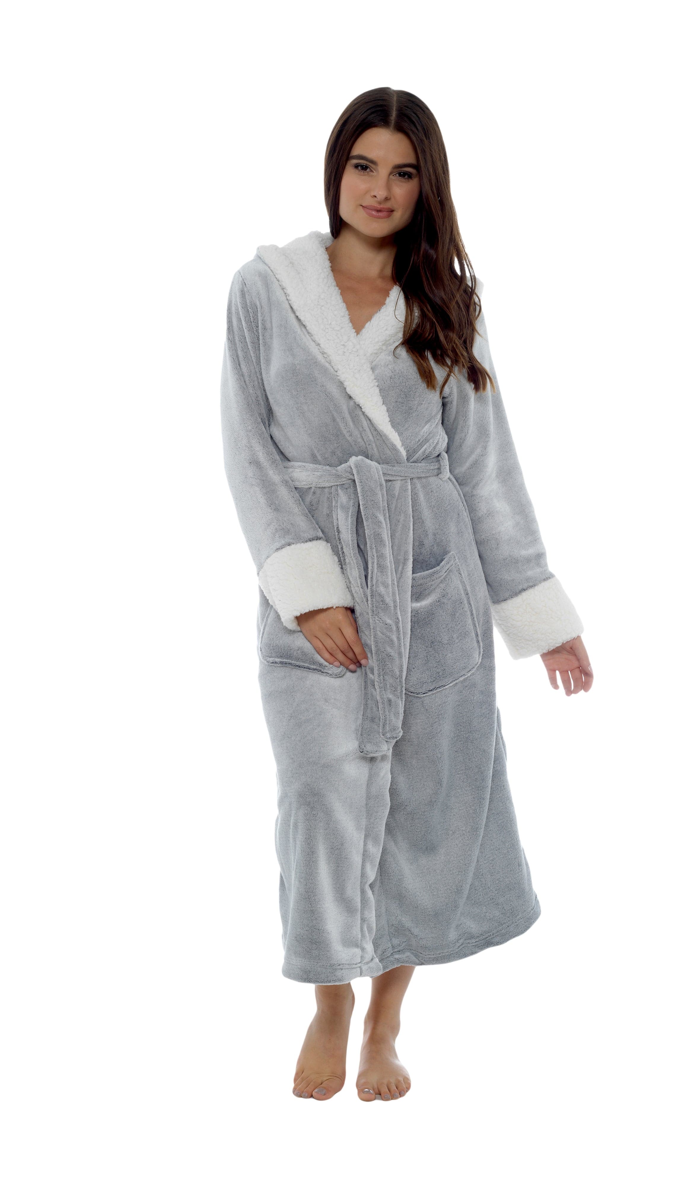 OLIVIA ROCCO Women's Shimmer Fleece Hooded Dressing Gown in grey — worn front-on showing the hooded design, shimmer finish and plush fleece fabric