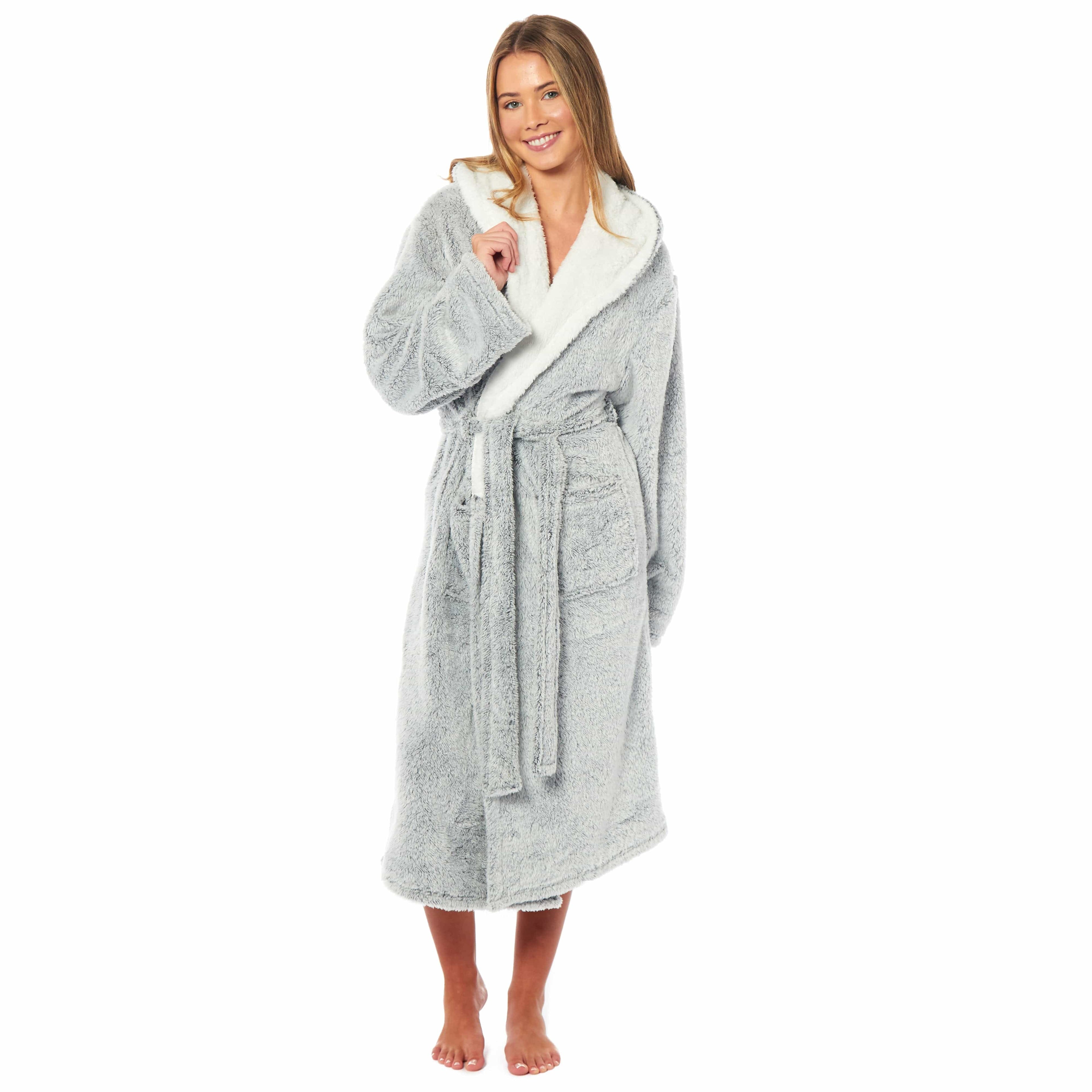 OLIVIA ROCCO Womens Shimmer Fleece Hooded Dressing Gown in grey – soft plush hooded bath robe with shimmer fleece fabric for luxury loungewear and spa-quality comfort at home