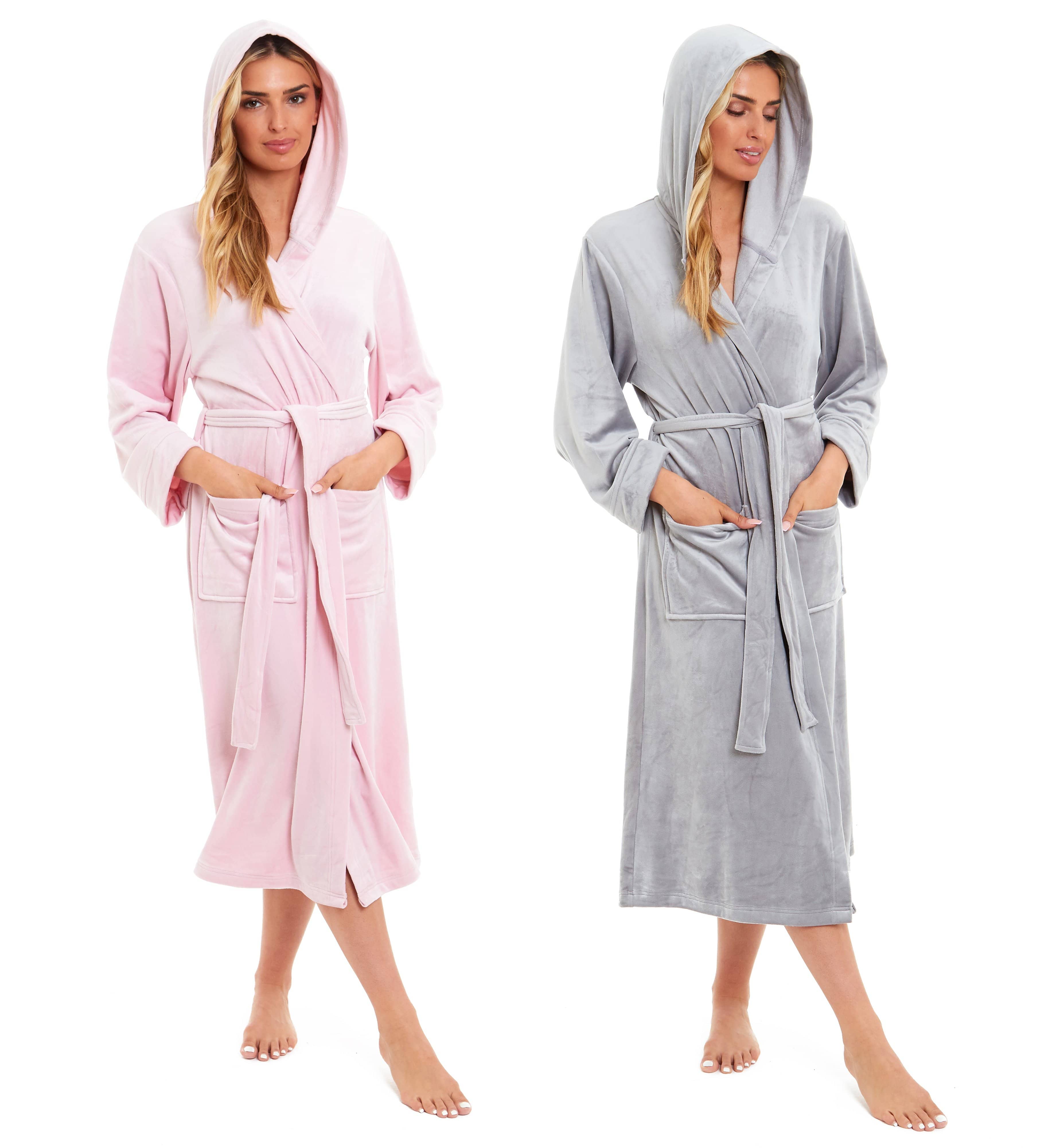 OLIVIA ROCCO Women's Velour Hooded Bathrobe in soft plush velour showing the hooded design full length silhouette 92% polyester 8% elastane construction and luxury dressing gown fit for sizes UK 8-10 through UK 20-22