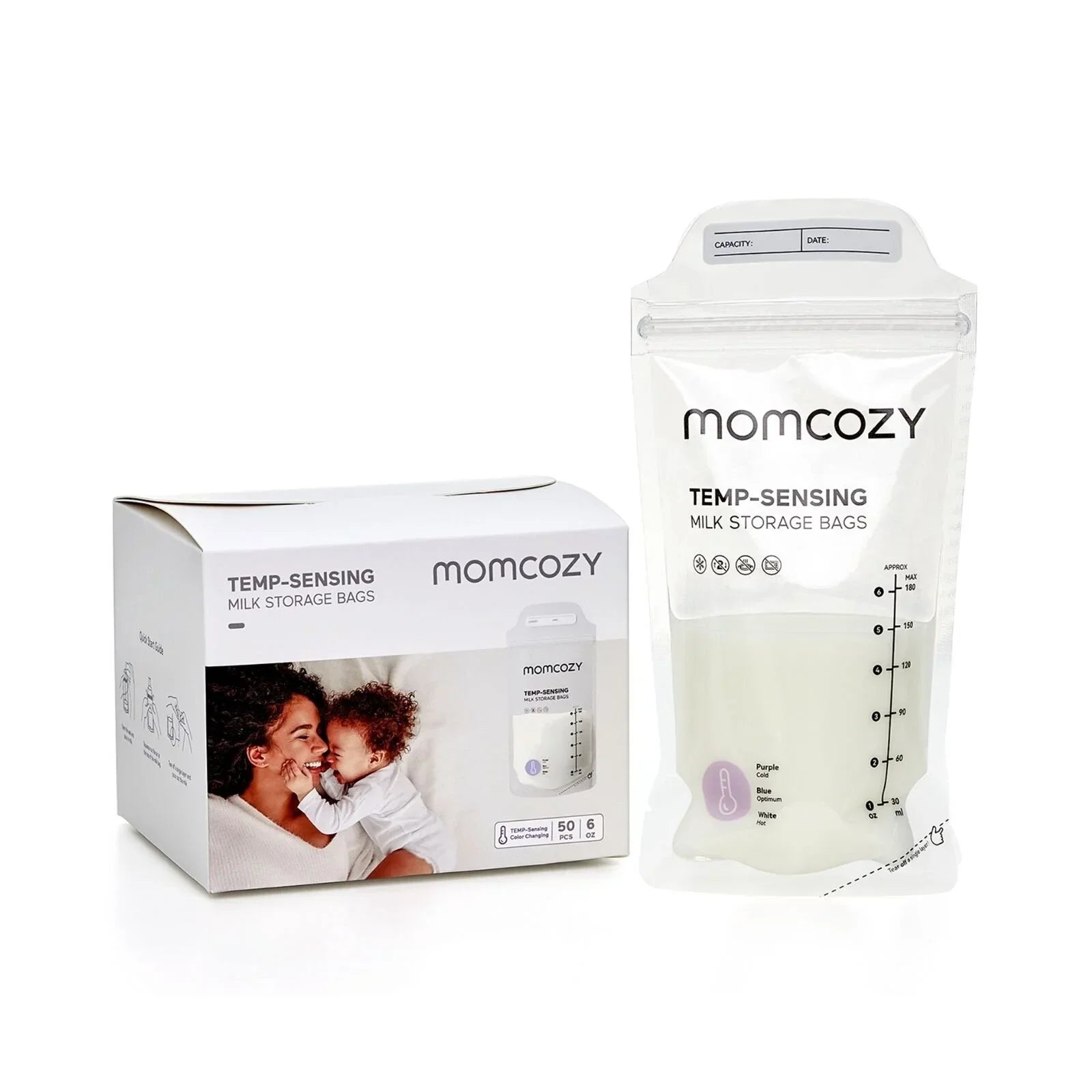 Momcozy Breast Milk Storage Bags 180ml 50 pcs — pre-sterilised BPA-free bags with double zipper seal, temperature-sensing colour change indicator and flat space-saving freezer design