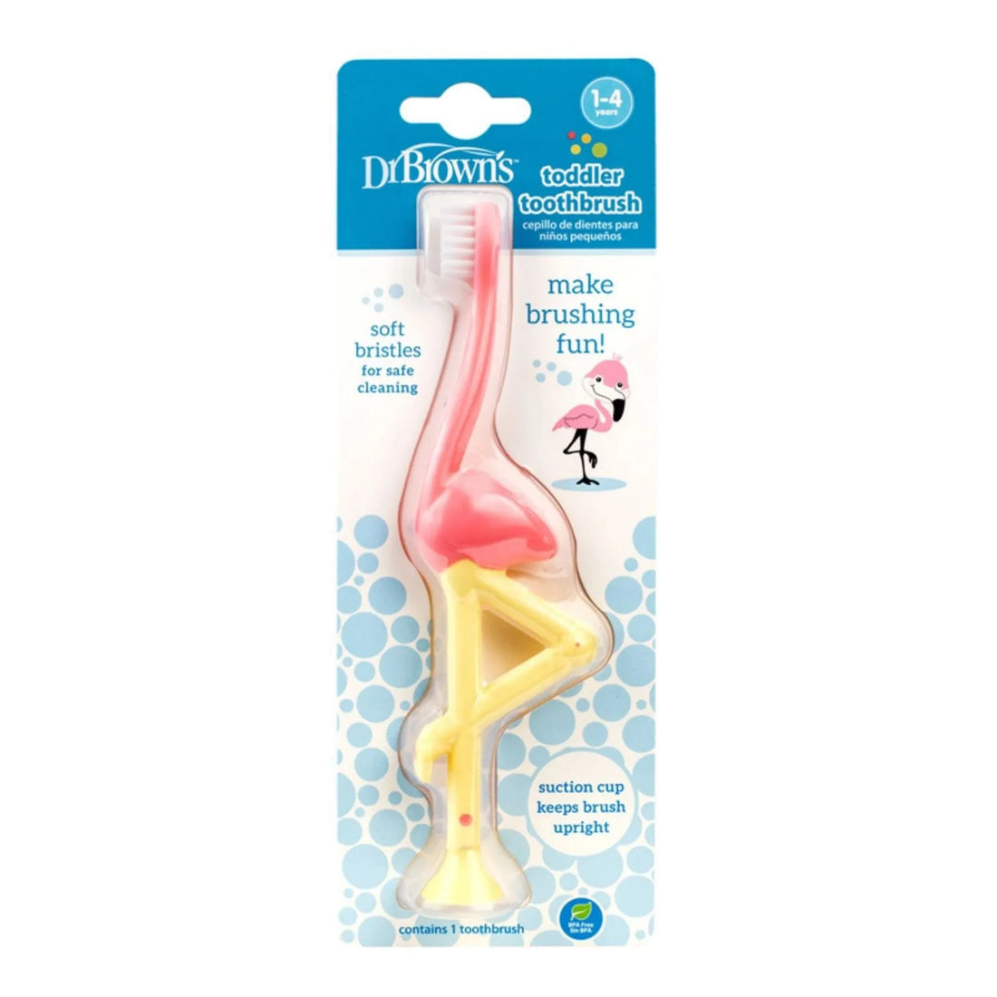 Dr. Brown's Toddler Toothbrush Flamingo design for ages 1-4 years — the BPA-free toothbrush with suction cup base and soft bristles that transformed Harriet Voss's toddler's attitude to teeth brushing