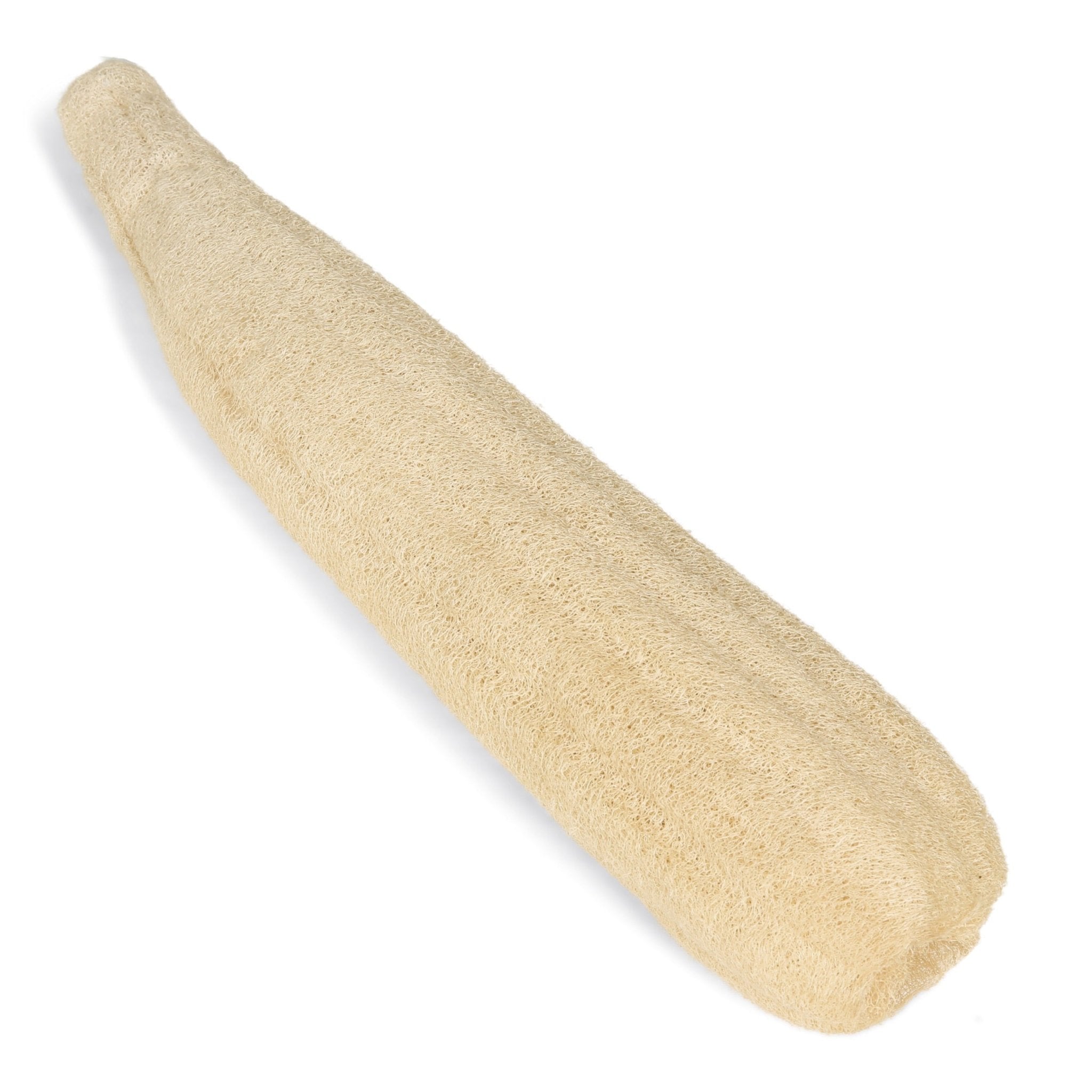 Eco Bath London Home Grown Natural Loofah resting on a wooden bath tray, showing its natural fibres and hanging loop