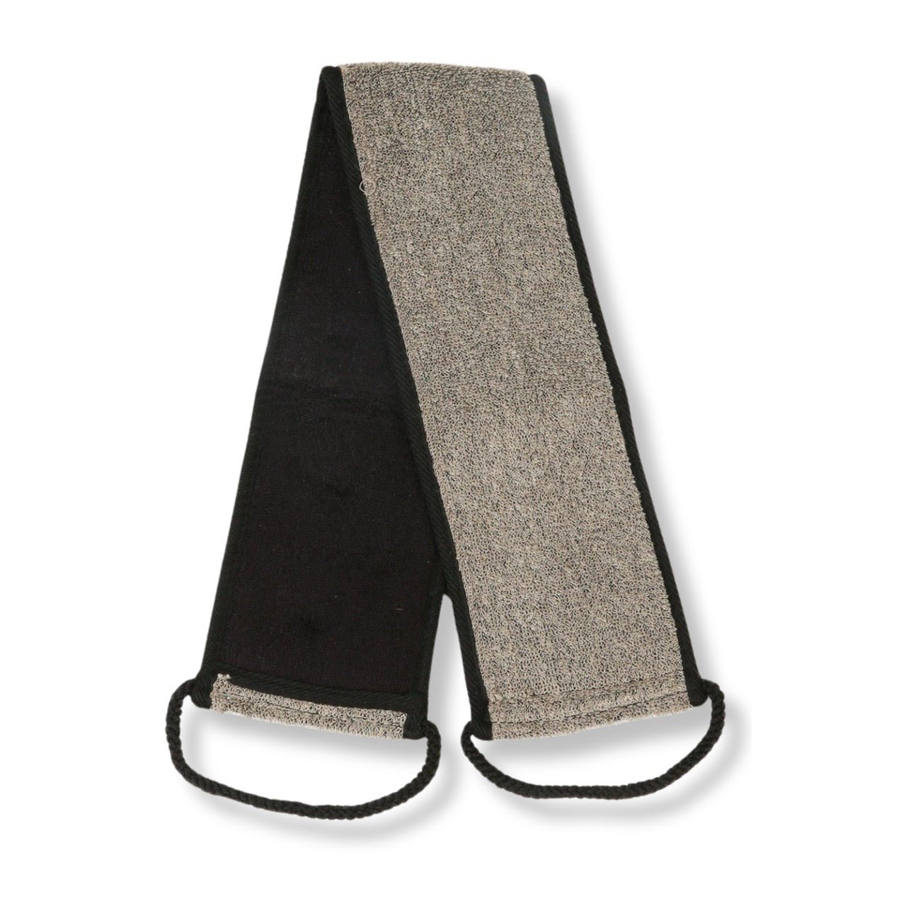 Eco Bath London Natural Sisal Hemp Back Strap in black laid flat showing double-sided exfoliating texture and strap handles