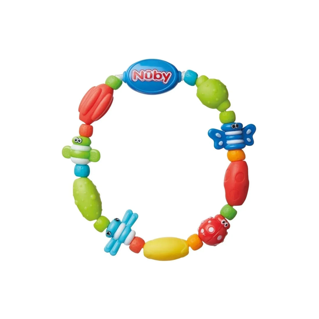 Nuby Bug a Loop Teether in multicolour held by a baby – bright silicone beads with ladybug and butterfly shapes on a loop teether