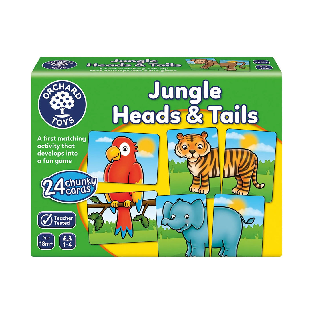 Orchard Toys Jungle Heads & Tails Game – 24 chunky wipe-clean jungle animal matching cards spread out on a play mat, suitable for ages 18 months and up, developing memory, matching and observational skills