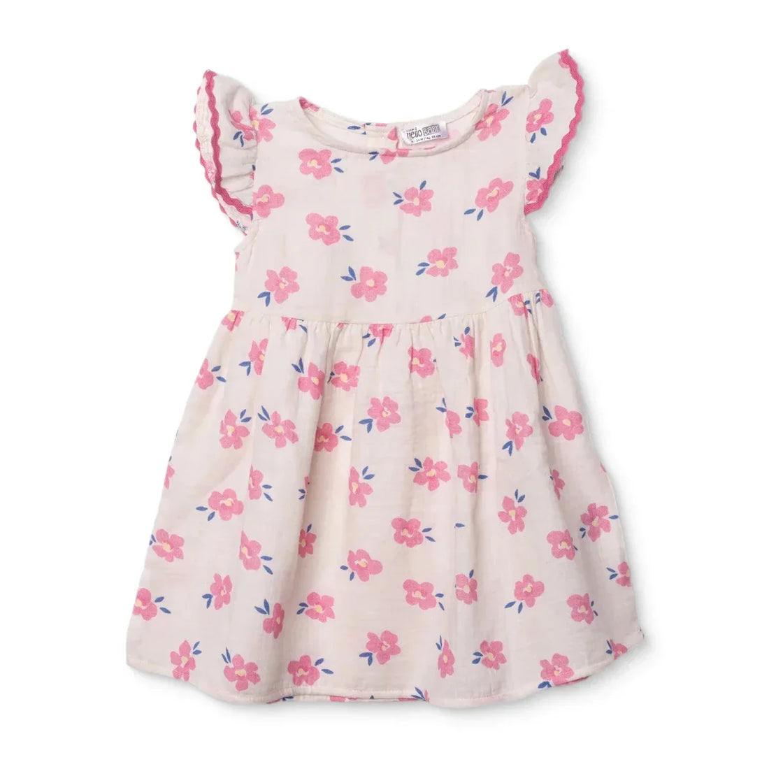 HelloBaby Girls Dress in Ecru Floral Print – ditsy flower crew neck short sleeve dress for girls in a soft ecru background with delicate floral print, a beautiful and versatile children's summer dress