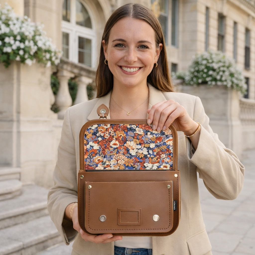 Woman carrying the Zatchels Floral Lined Leather Midi Satchel in Chestnut crossbody showing the warm chestnut leather exterior, silver buckle detailing and matching Liberty London floral bag charm