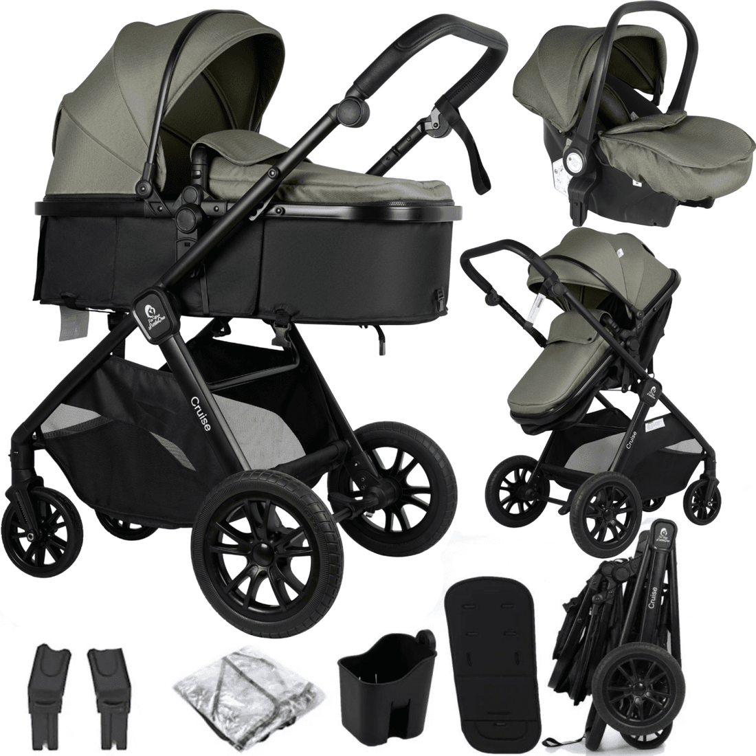 For Your Little One Cruise 3-in-1 Travel System in Pebble Sage with R129 Car Seat — complete pushchair travel system with carrycot, reversible seat unit and i-Size car seat included