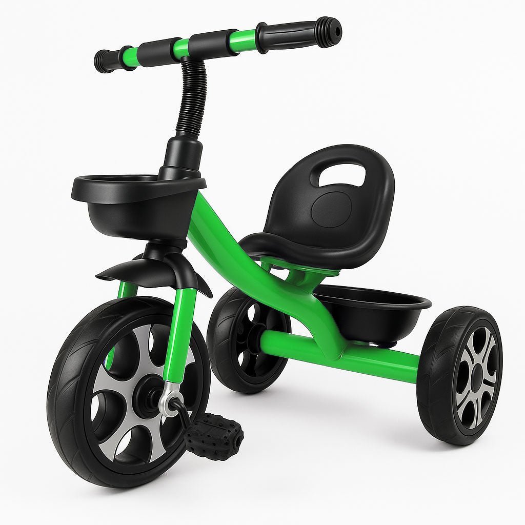 For Your Little One Venture Trike in green — toddler tricycle shown in full, displaying the anti-tip triangular frame, front and rear baskets and ergonomic seat for ages 18 months to 6 years