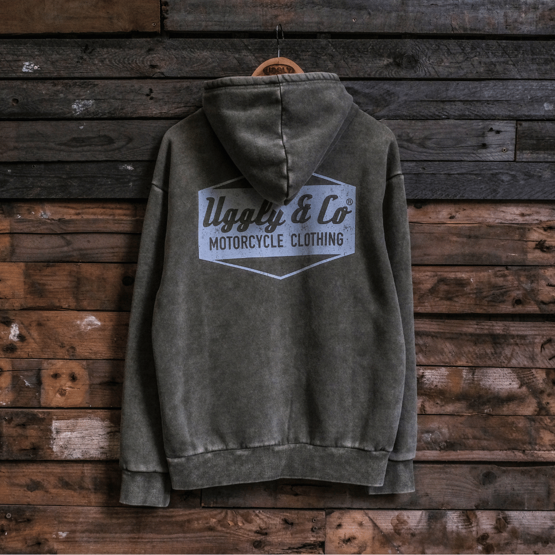 Uggly and Co Green Diamond Acid Wash Hoodie – The Heavyweight Retro Biker Hoodie That Turns Heads
