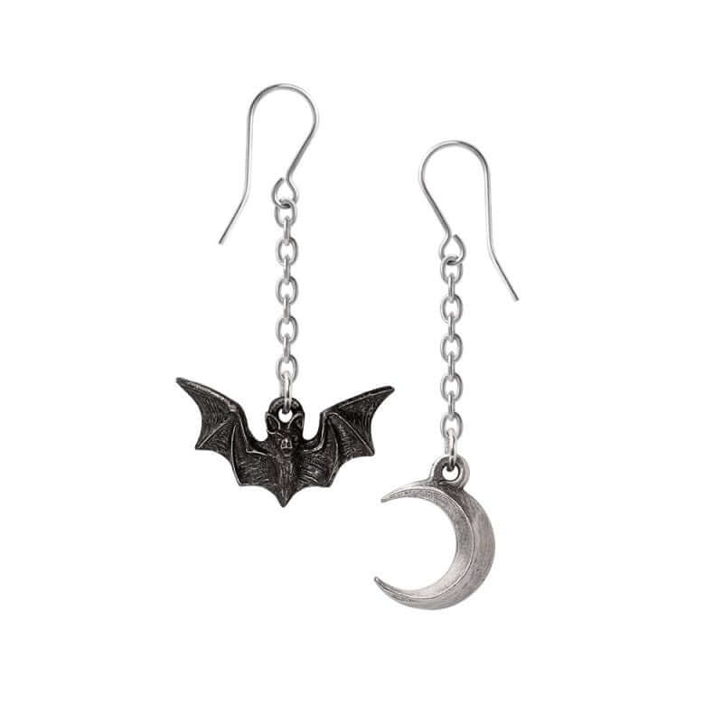 Alchemy Gothic Lunatious Bat and Crescent Moon Chain Earrings – gothic jewellery featuring bat and crescent moon motifs connected by delicate chains, dark mysterious aesthetic