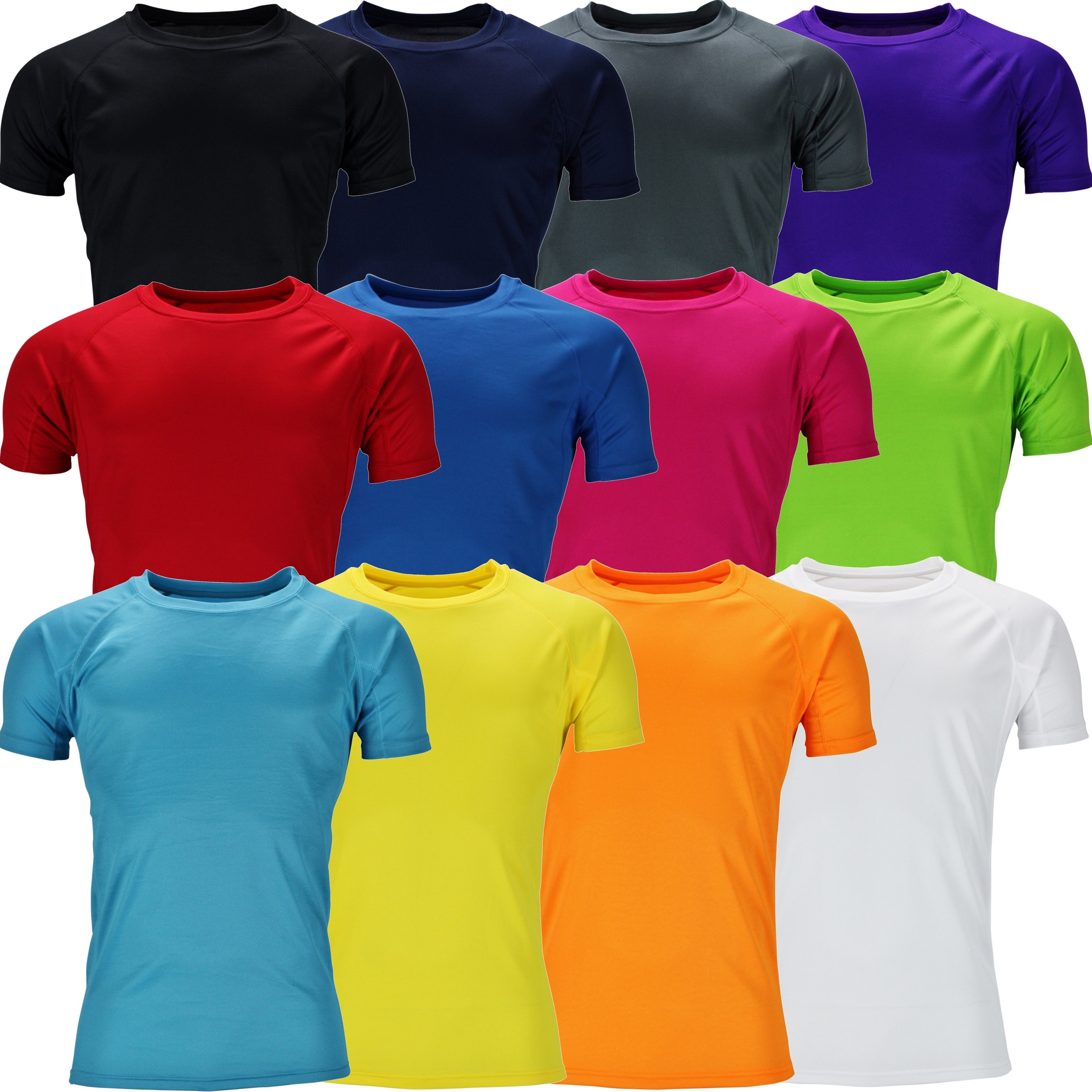 Roly Breathable T-Shirt — multi-colourway flat lay showing the full range of available colours for the lightweight 100% polyester moisture-wicking training tee