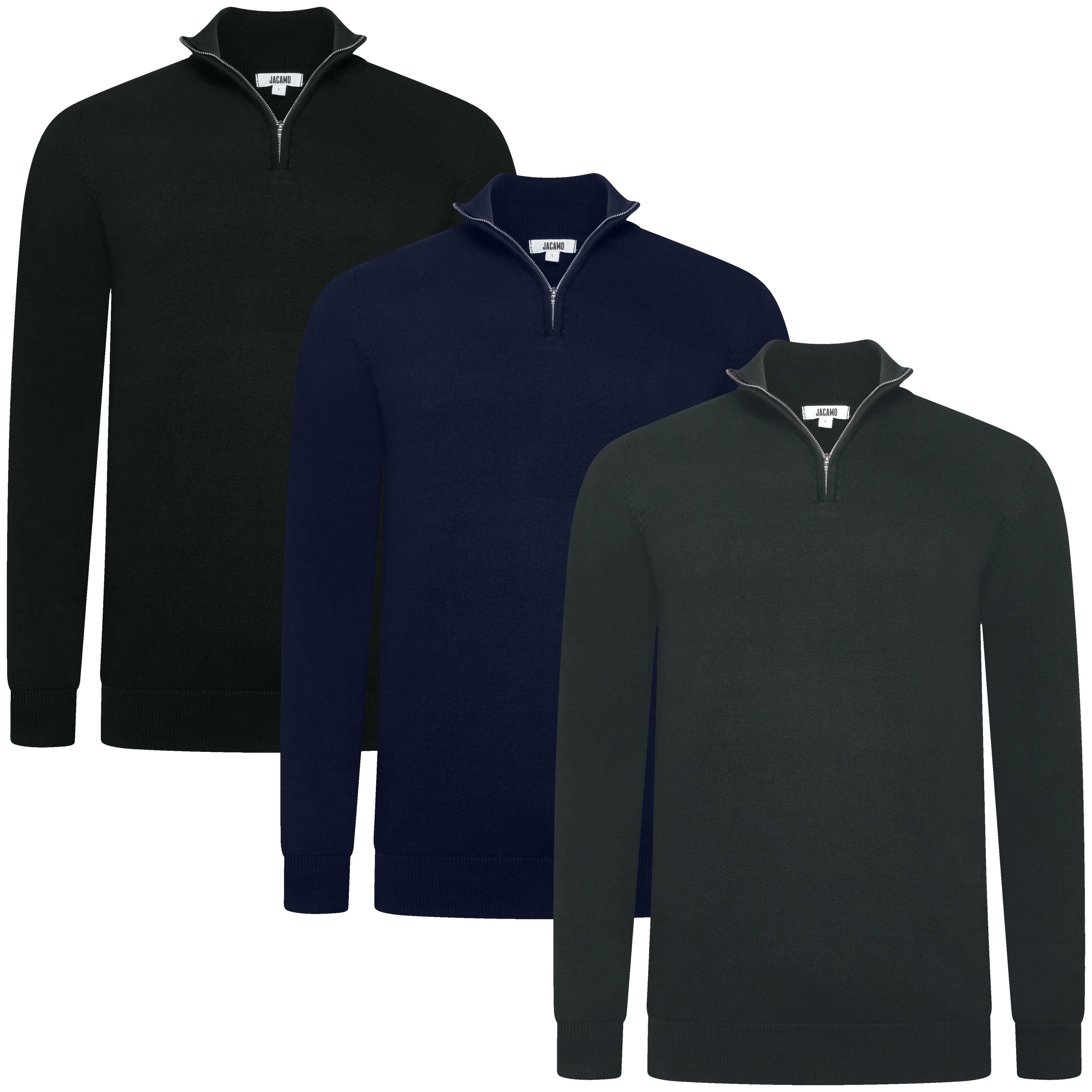 Jacamo Quarter Zip Jumper shown in multiple colourways and angles, displaying the ribbed neck, hem and cuffs and regular fit silhouette