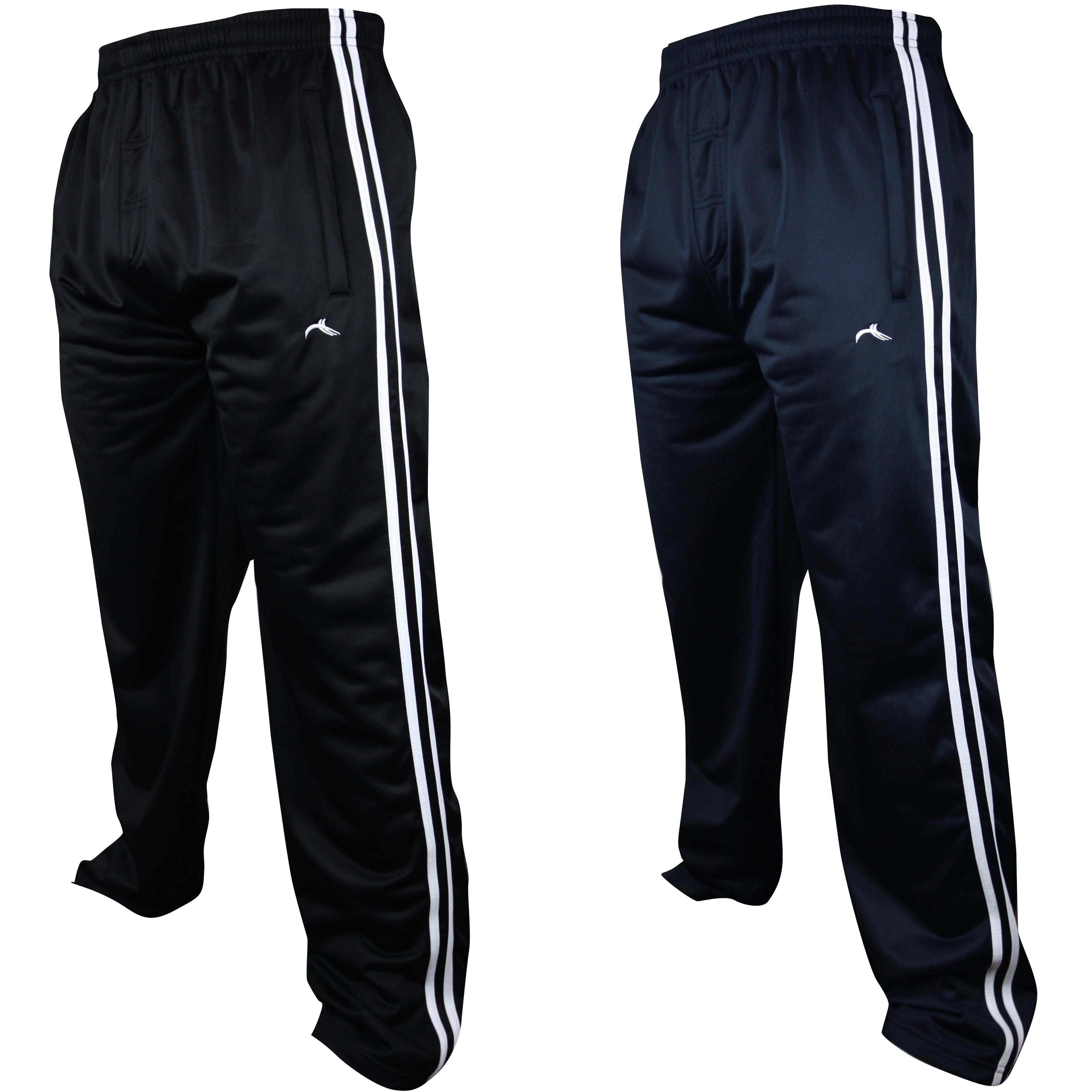 Urban Heritage Two Stripe Tracksuit Bottoms shown in multiple colourways displaying the two-stripe side detail, elasticated waist, zipped side pockets and lightweight silky polyester fabric
