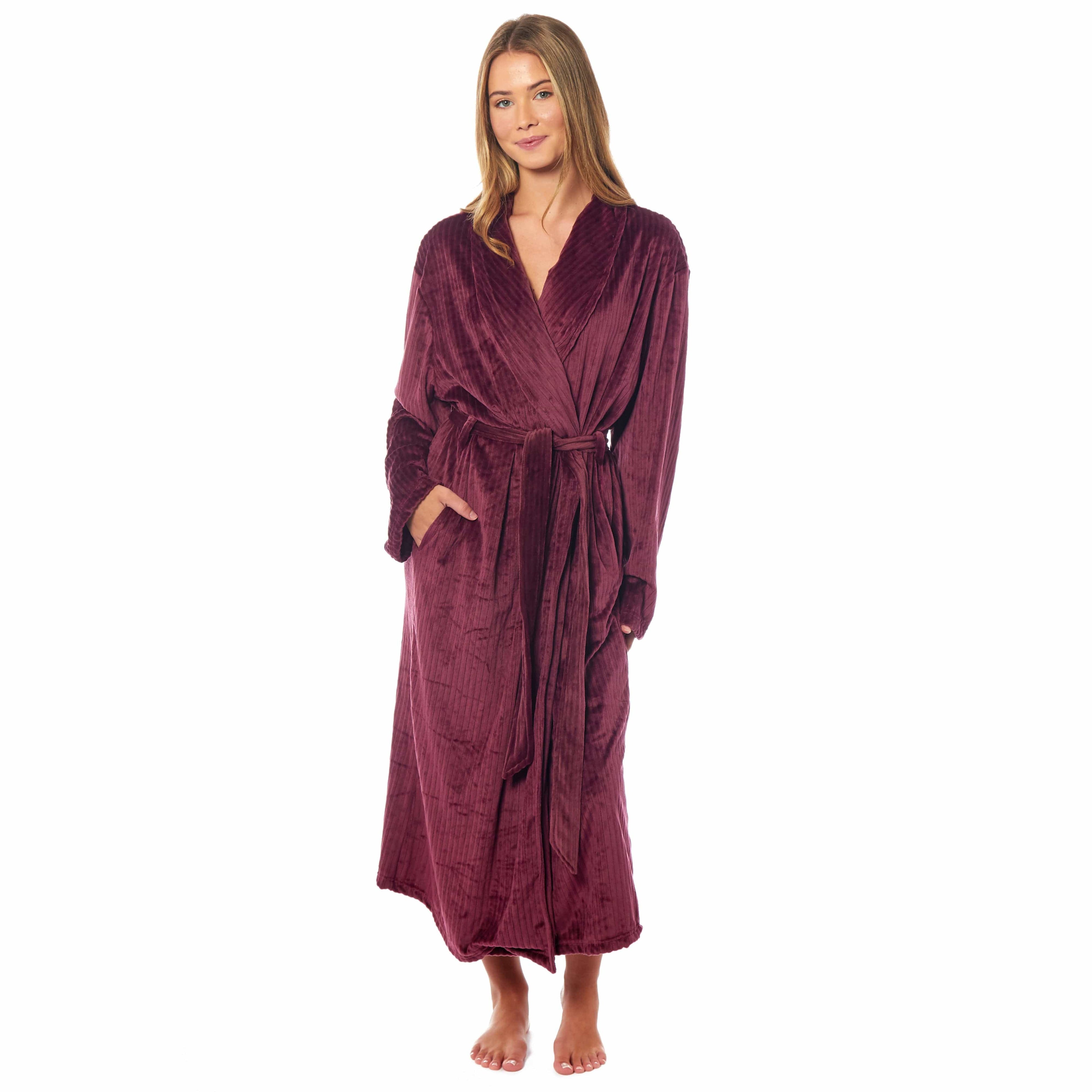 OLIVIA ROCCO Women's Stripe Jacquard Fleece Dressing Gown Robe in wine colour shown full length with shawl collar, belt and deep side pockets