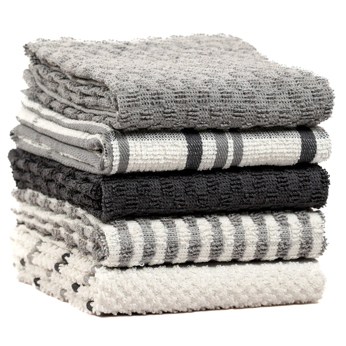 OLIVIA ROCCO Cotton Terry Kitchen Tea Towels 5-pack in grey, folded neatly on a kitchen worktop