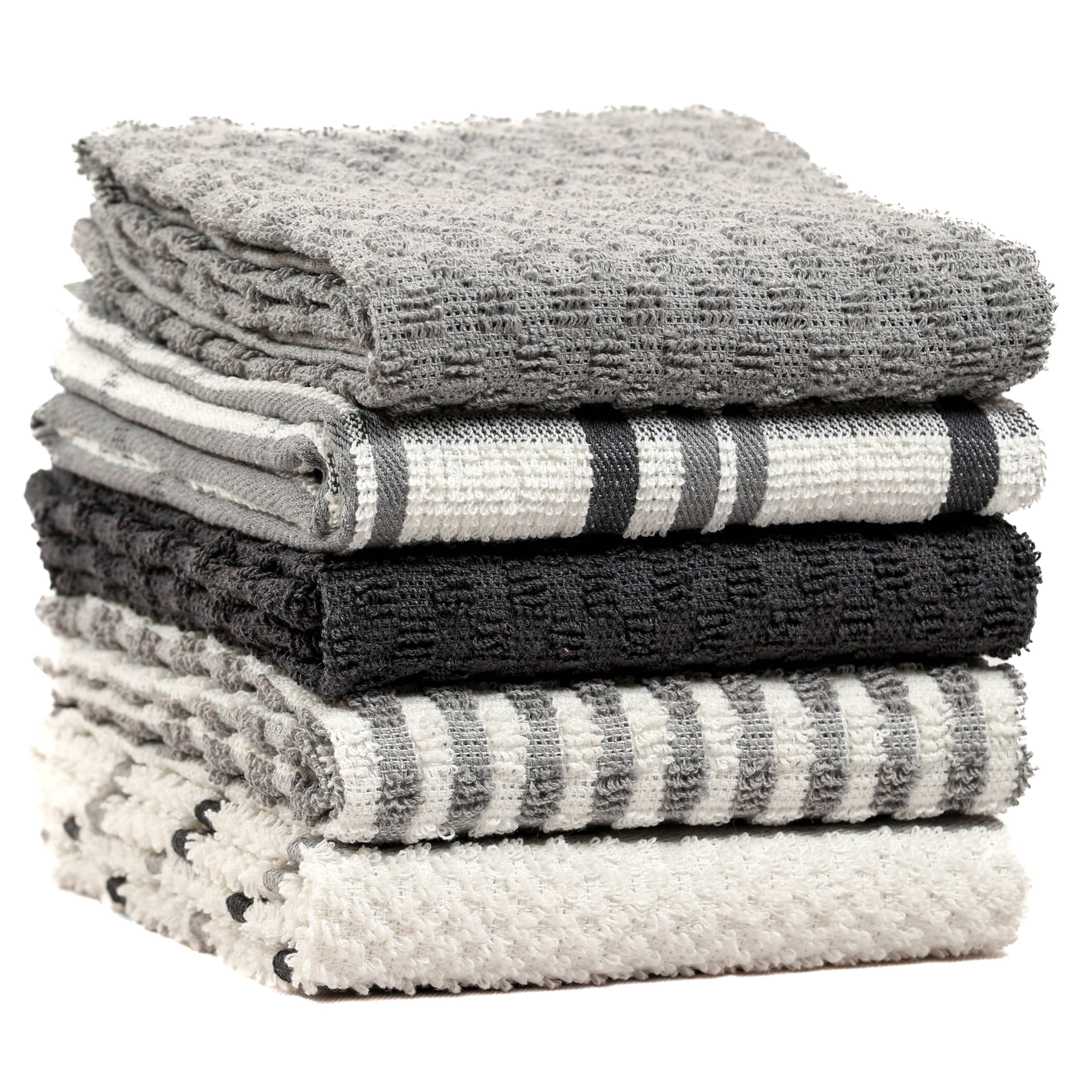 OLIVIA ROCCO Cotton Terry Kitchen Tea Towels 5-pack in grey, folded neatly on a kitchen worktop