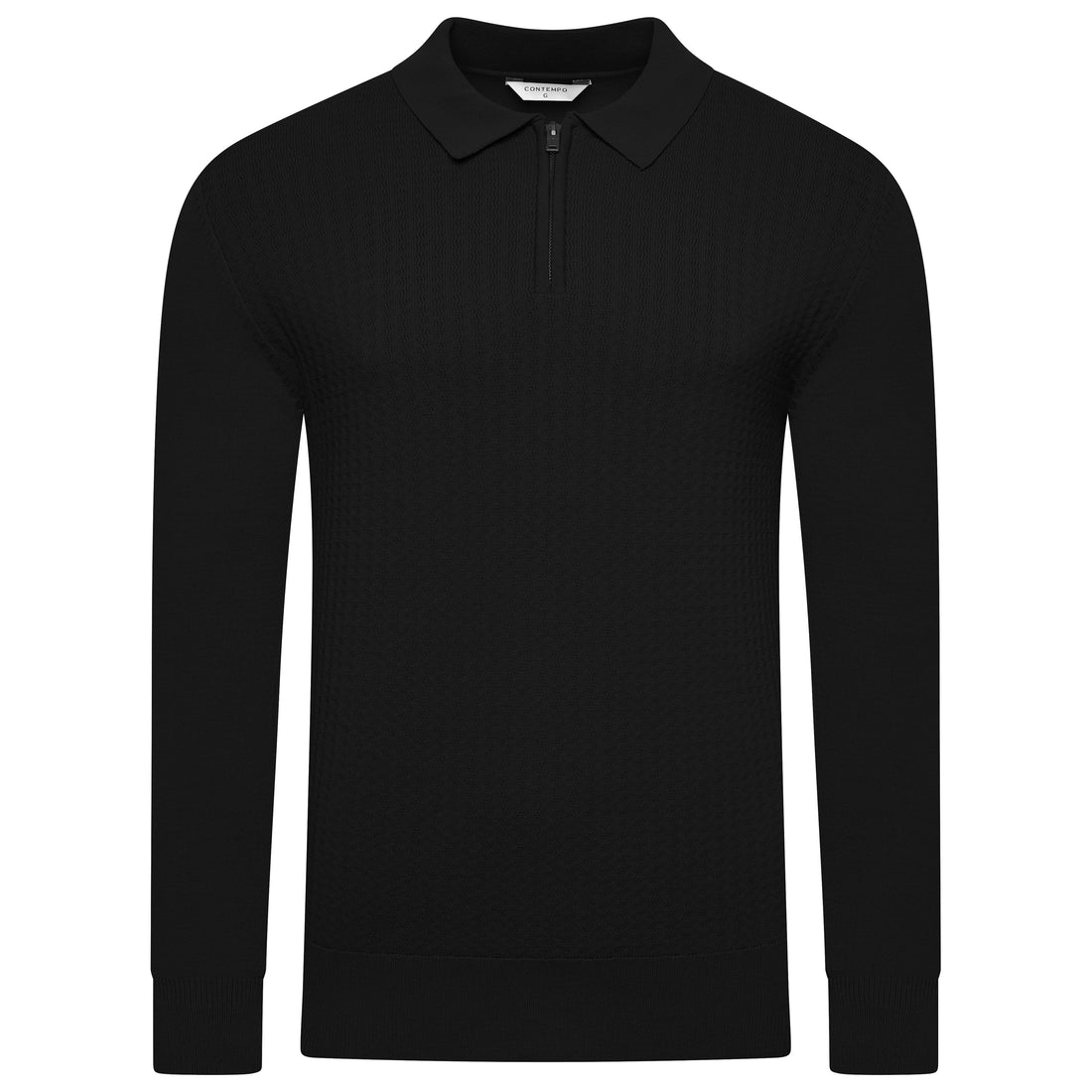 Contempo Half Zip Stretch Ribbed Polo Jumper — regular fit ribbed knit polo jumper with quarter zip and point collar, front view in casual wear styling