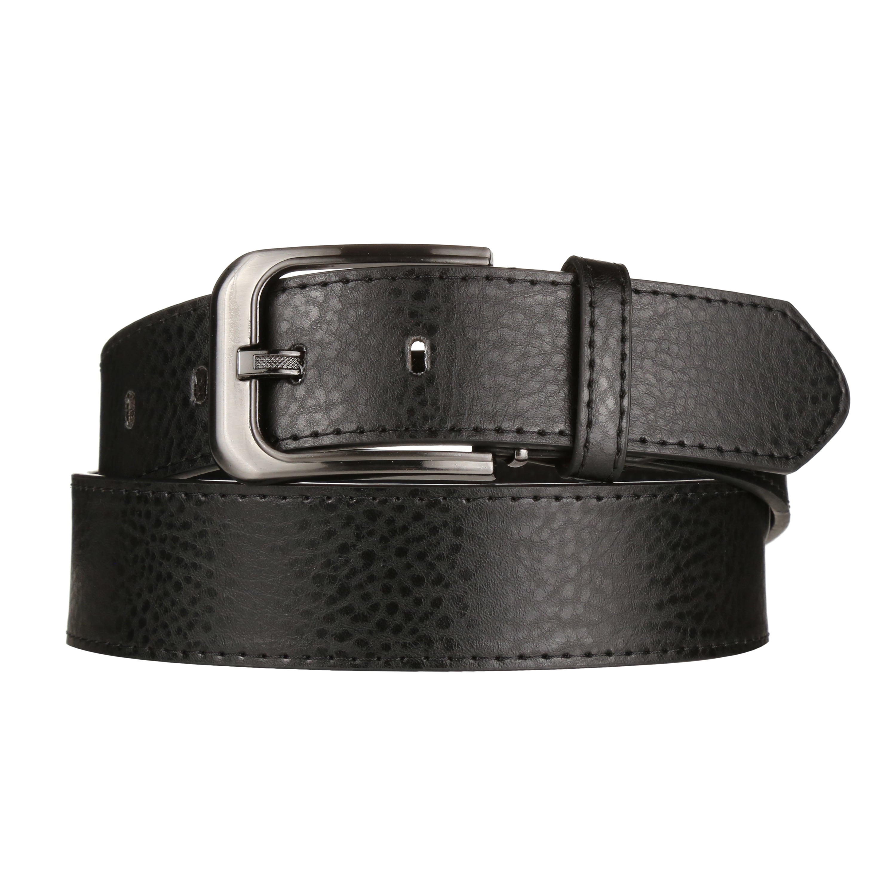 Forest 1.5 inch wide bonded cowhide leather belt with classic buckle laid flat on a neutral surface